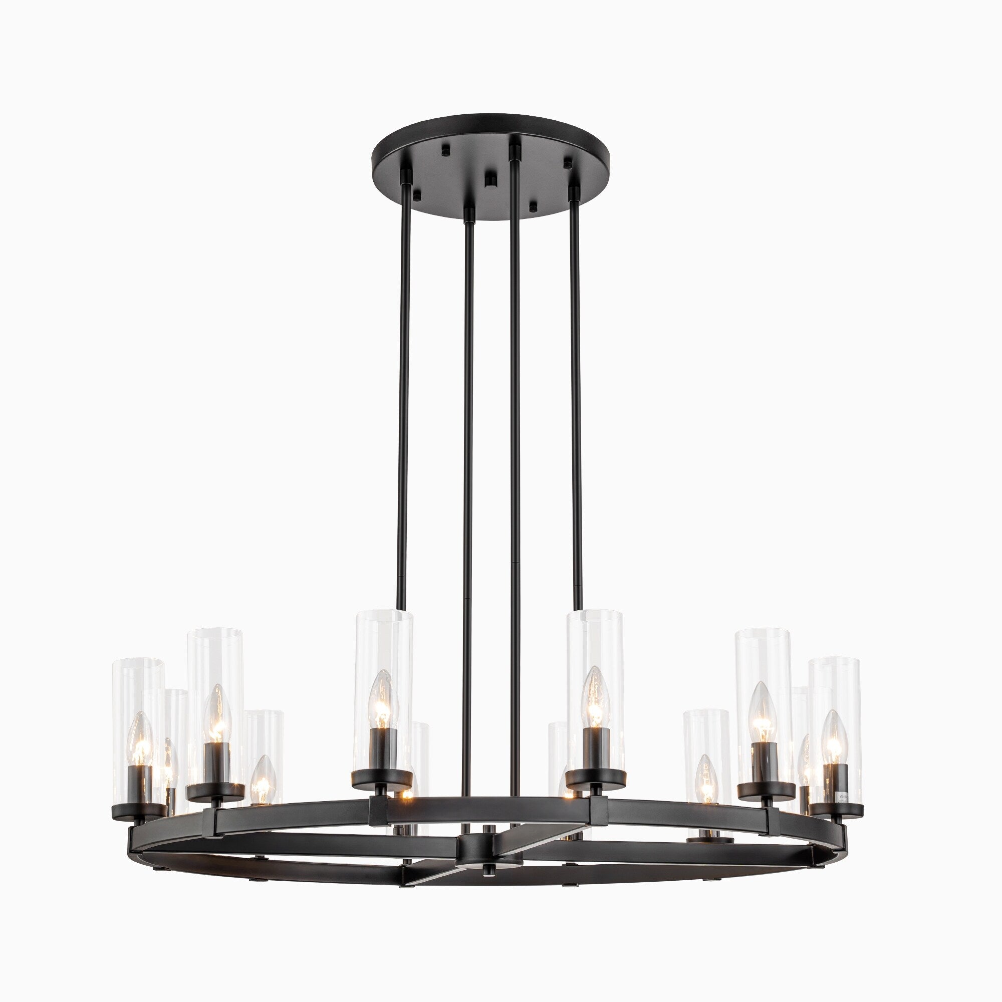 Lustre à 12 lumières en forme de roue de chariot, style moderne du milieu du siècle, en verre transparent, style doré/noir, grand modèle