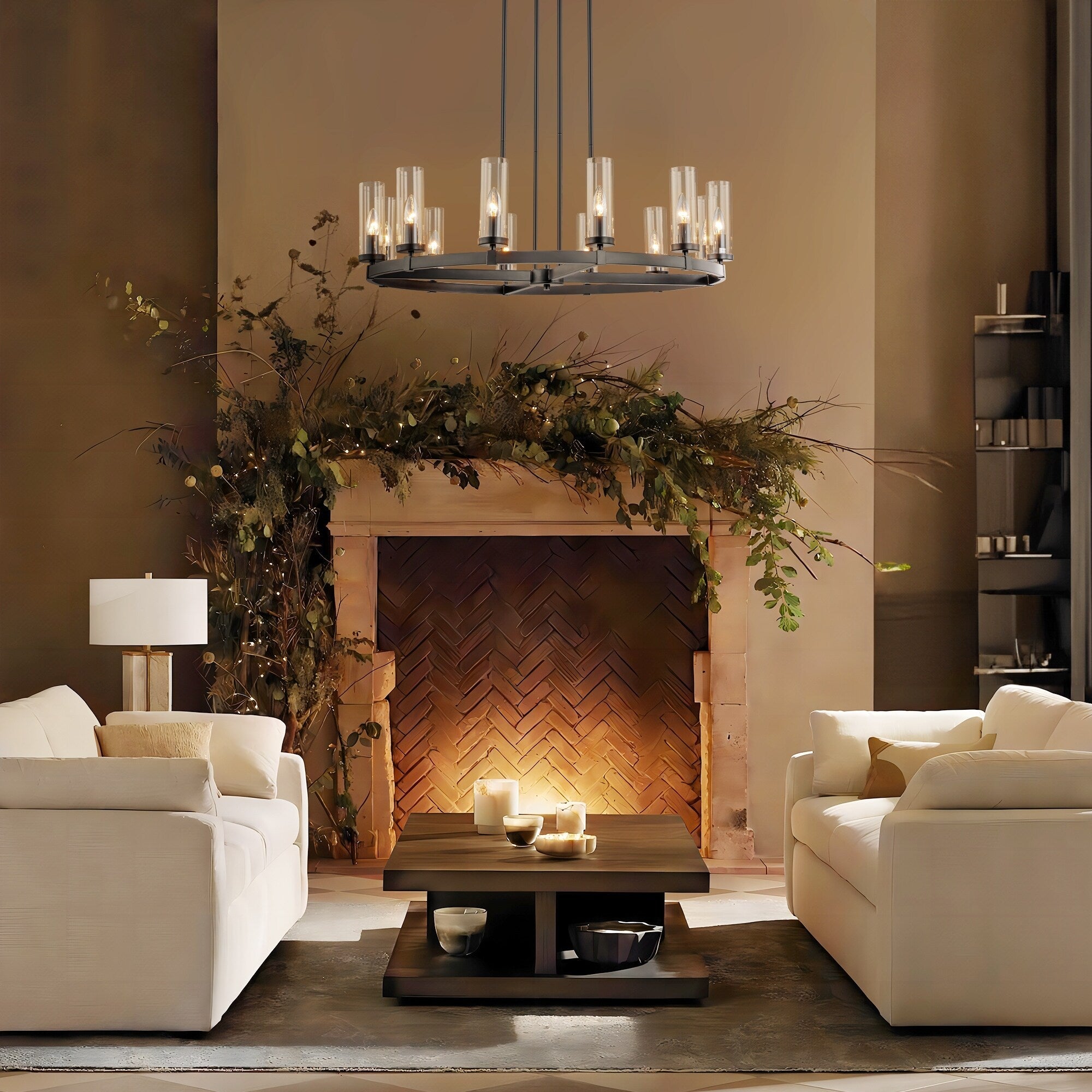 Lustre à 12 lumières en forme de roue de chariot, style moderne du milieu du siècle, en verre transparent, style doré/noir, grand modèle