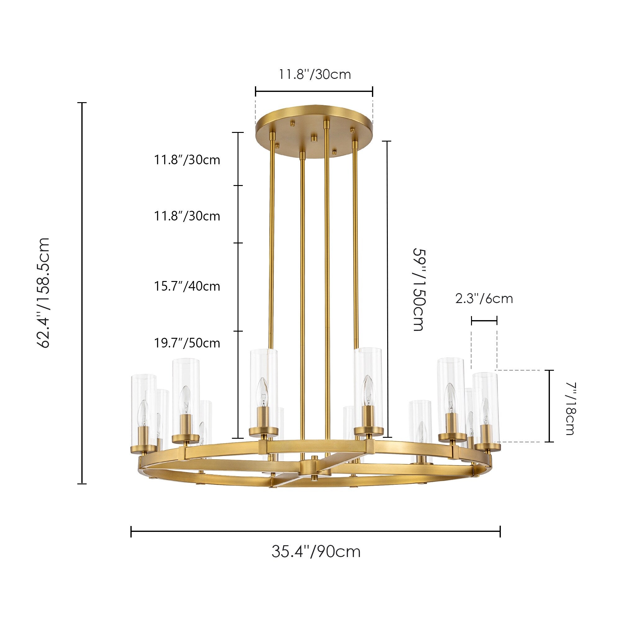 Lustre à 12 lumières en forme de roue de chariot, style moderne du milieu du siècle, en verre transparent, style doré/noir, grand modèle