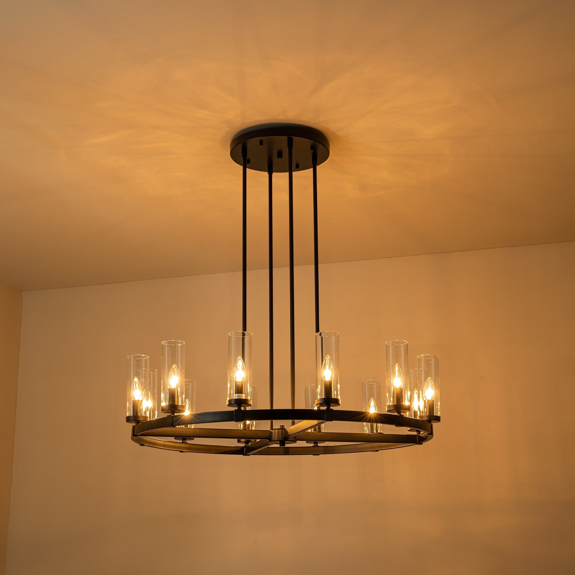 Lustre à 12 lumières en forme de roue de chariot, style moderne du milieu du siècle, en verre transparent, style doré/noir, grand modèle