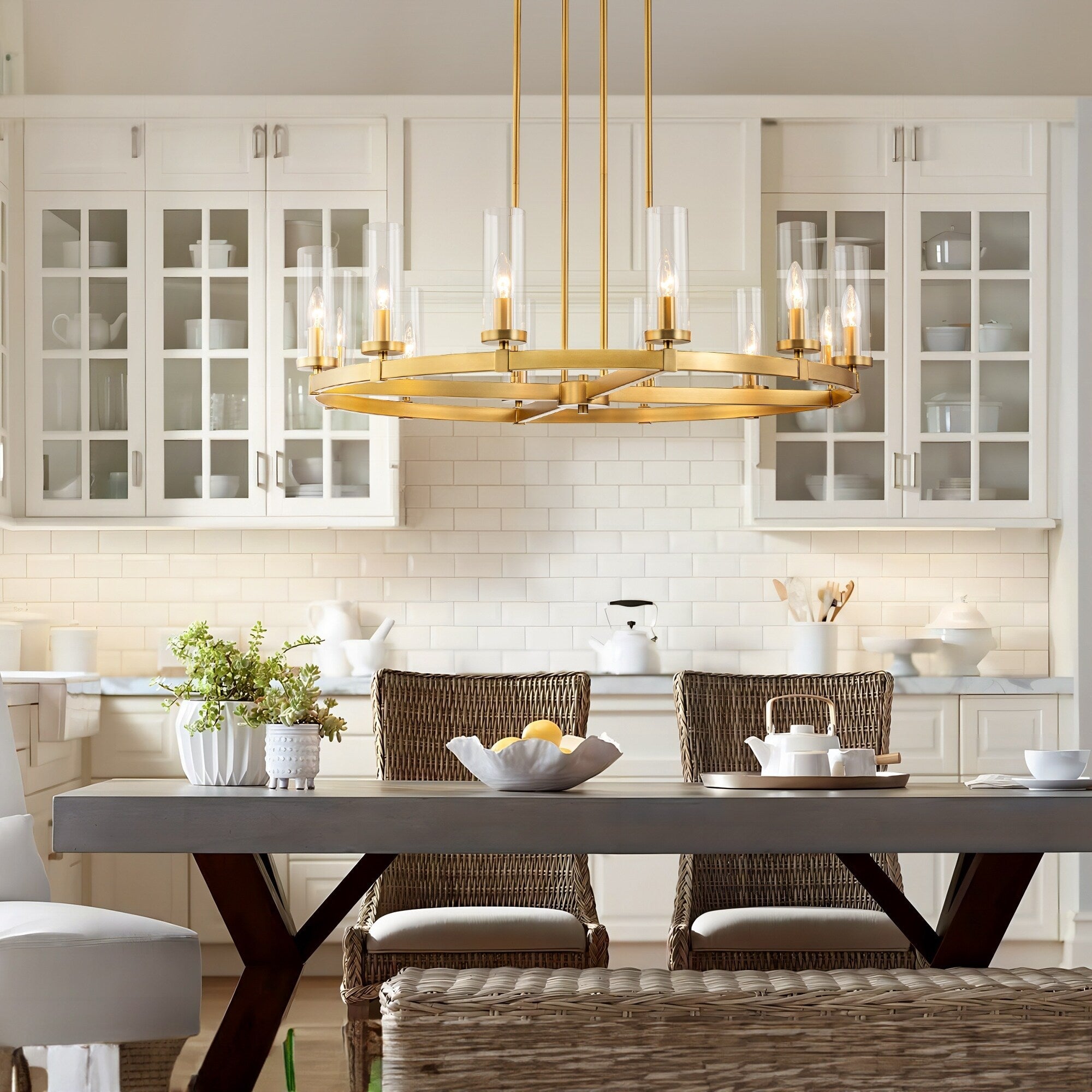 Lustre à 12 lumières en forme de roue de chariot, style moderne du milieu du siècle, en verre transparent, style doré/noir, grand modèle