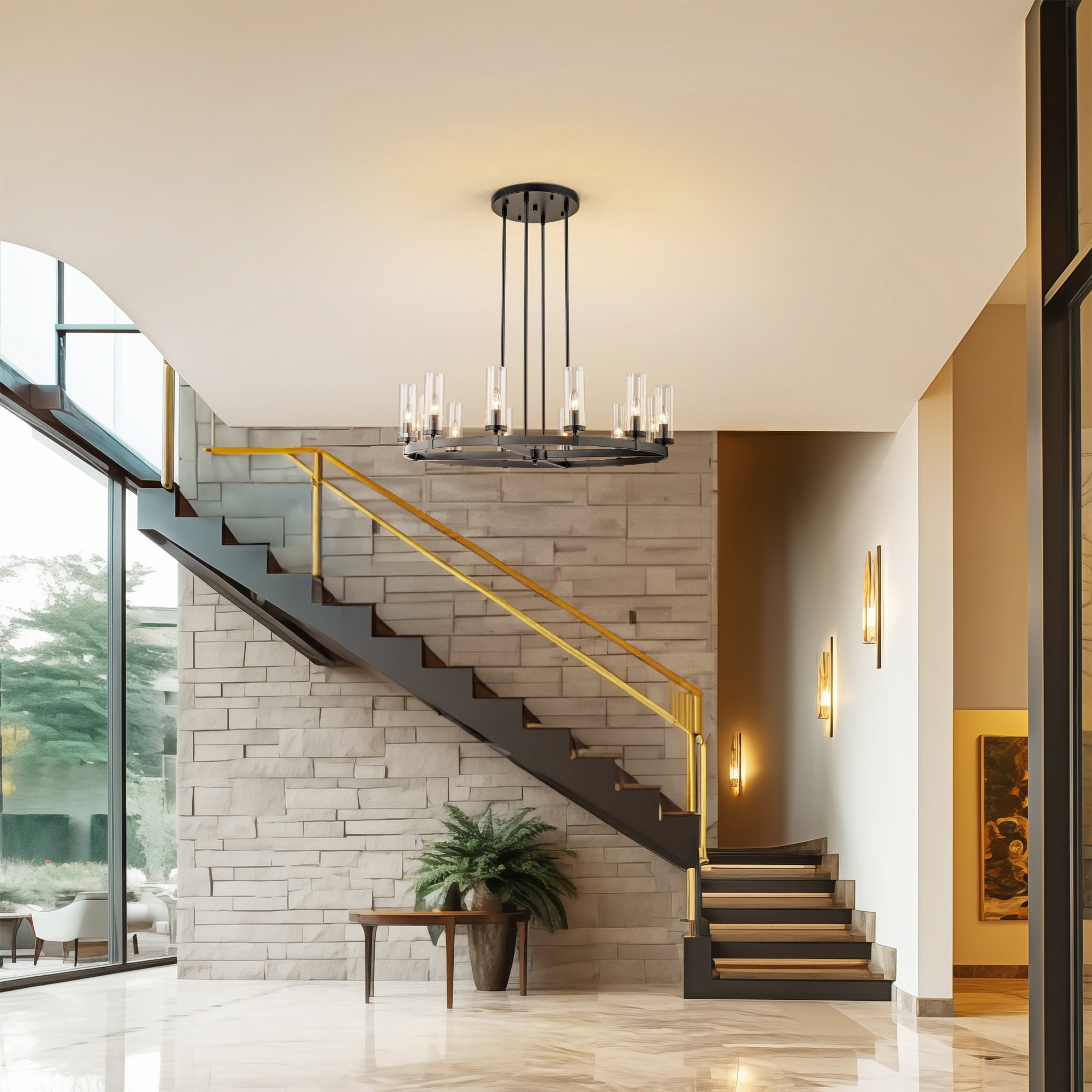 Lustre à 12 lumières en forme de roue de chariot, style moderne du milieu du siècle, en verre transparent, style doré/noir, grand modèle