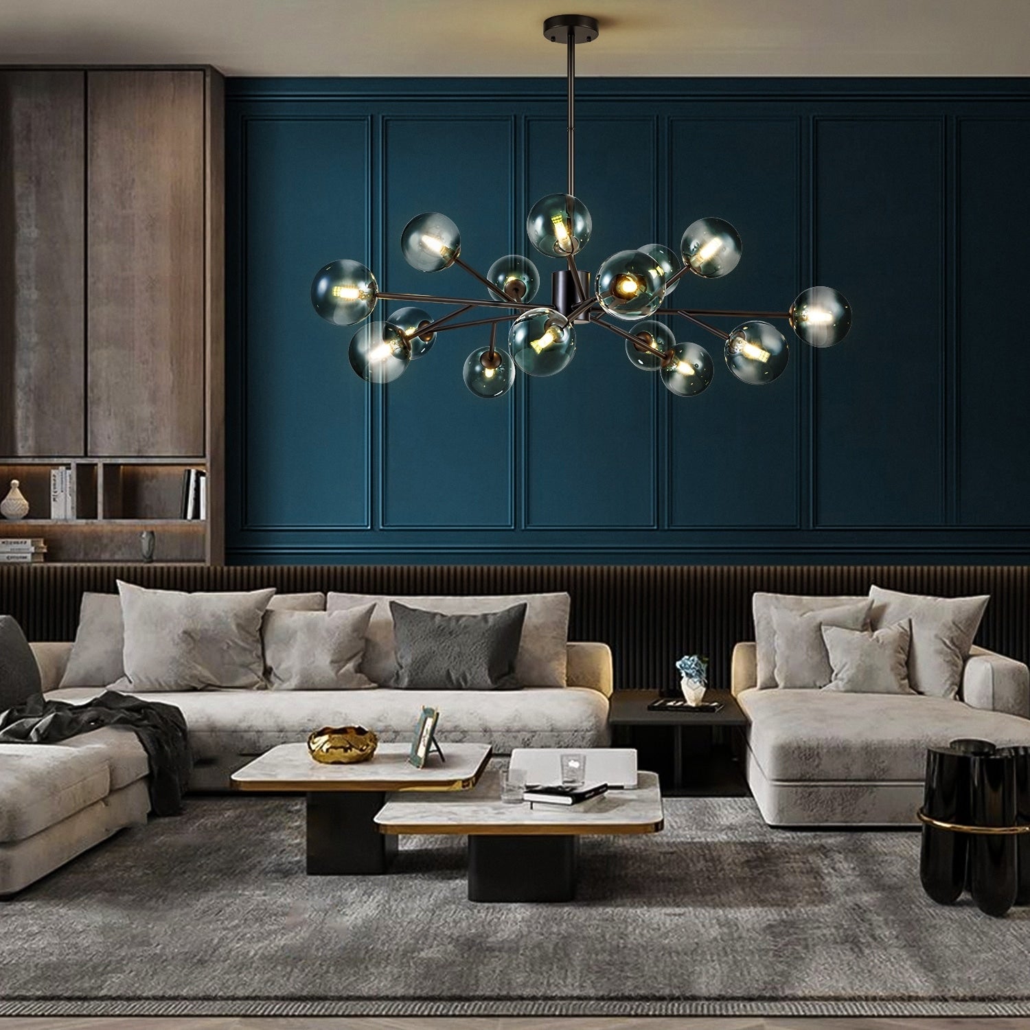 Lustre linéaire moderne à 15 lumières pour îlot de cuisine Sputnik avec branches et globes en verre