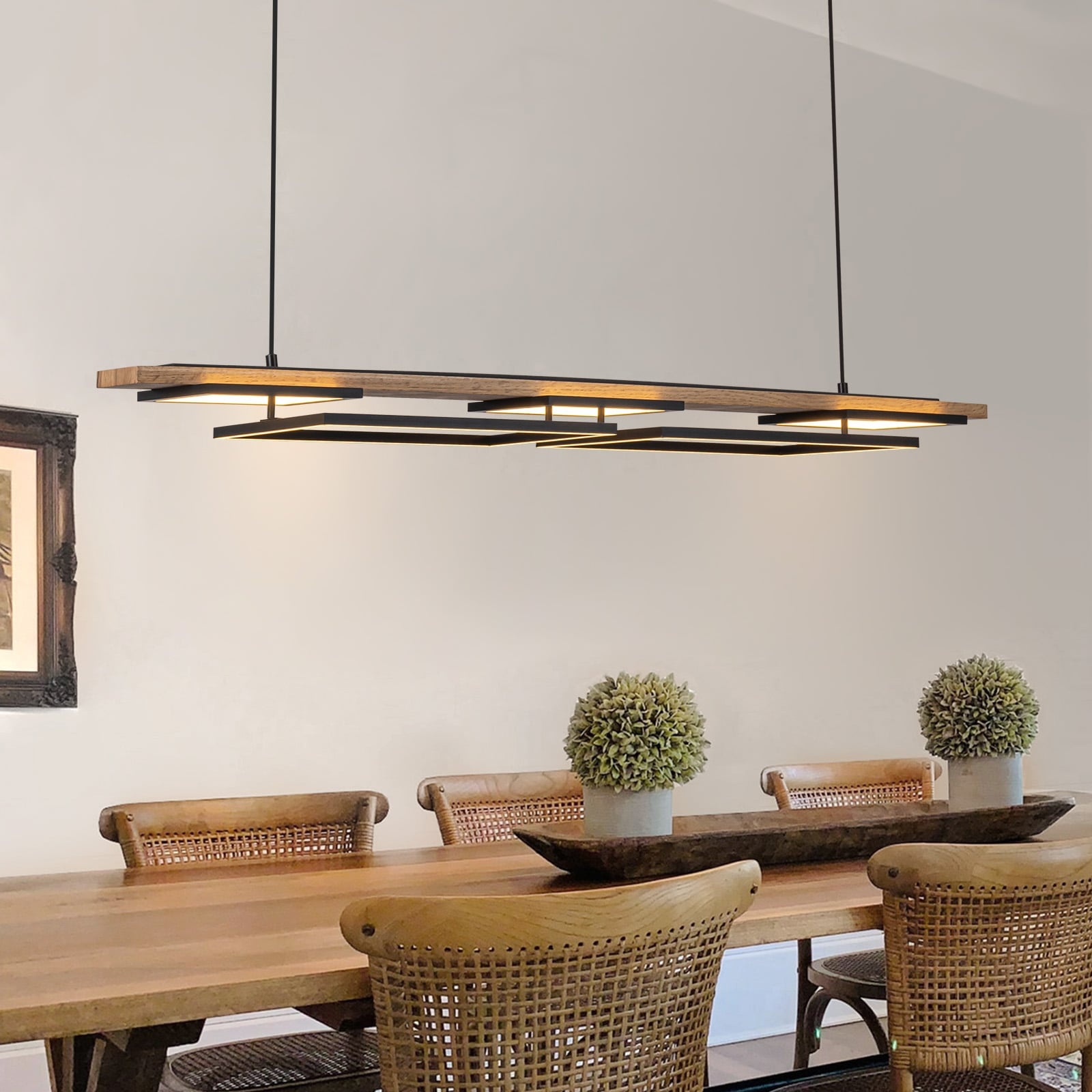 Lustre linéaire en bois à 3/5 lumières LED intégrées pour îlot de cuisine