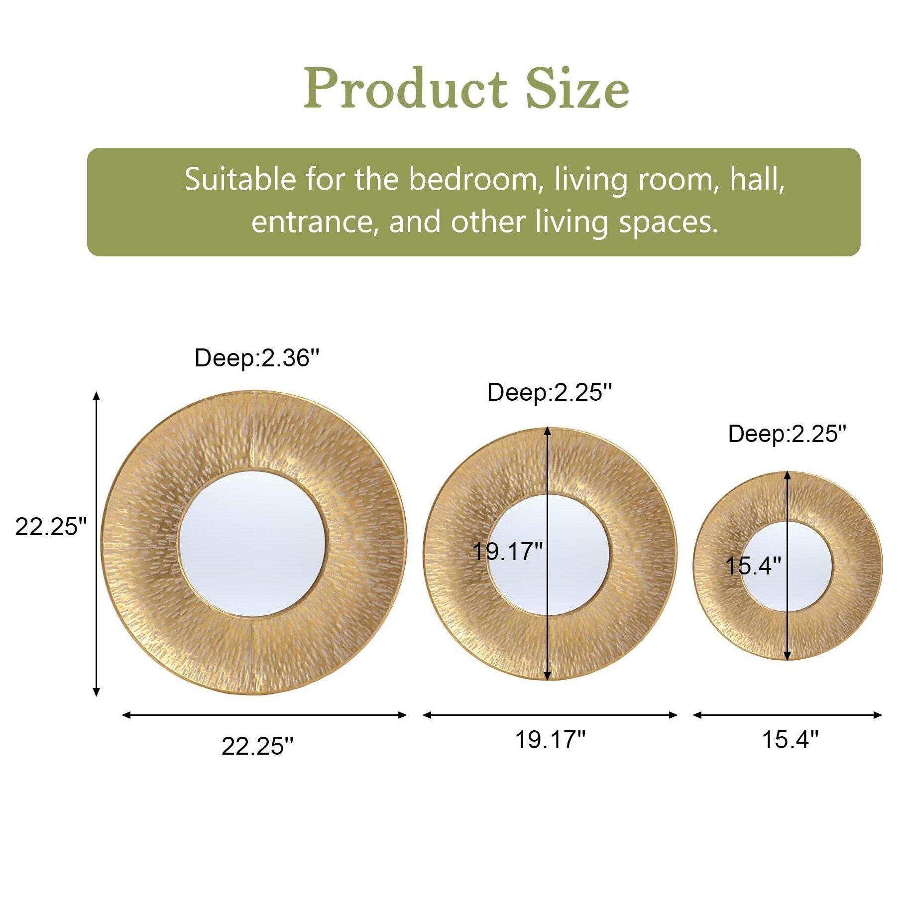 Ensemble de 3 miroirs muraux ronds en métal doré - 22,25 de diamètre x 2,36 de profondeur