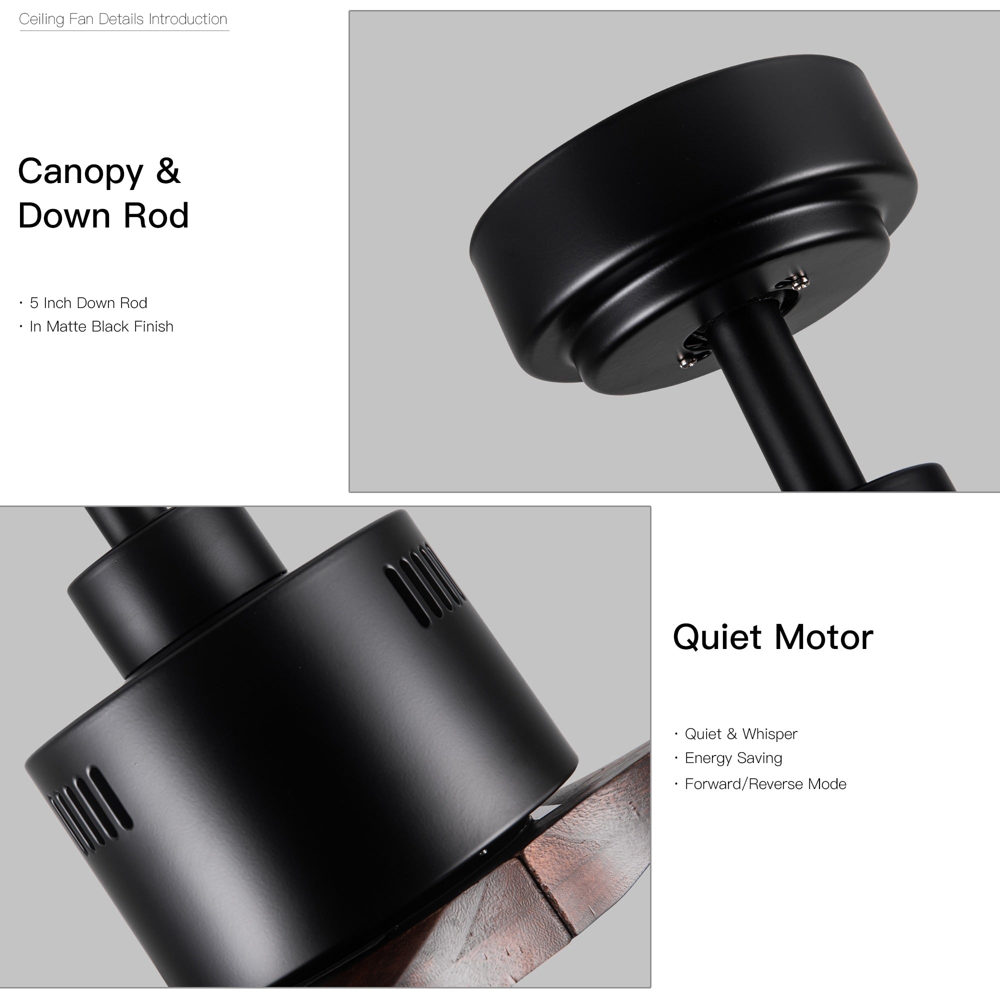 Ventilateur de plafond moderne en bois massif/ABS de 52 pouces avec télécommande (sans lumière), 6 vitesses de vent, flux d'air réversible