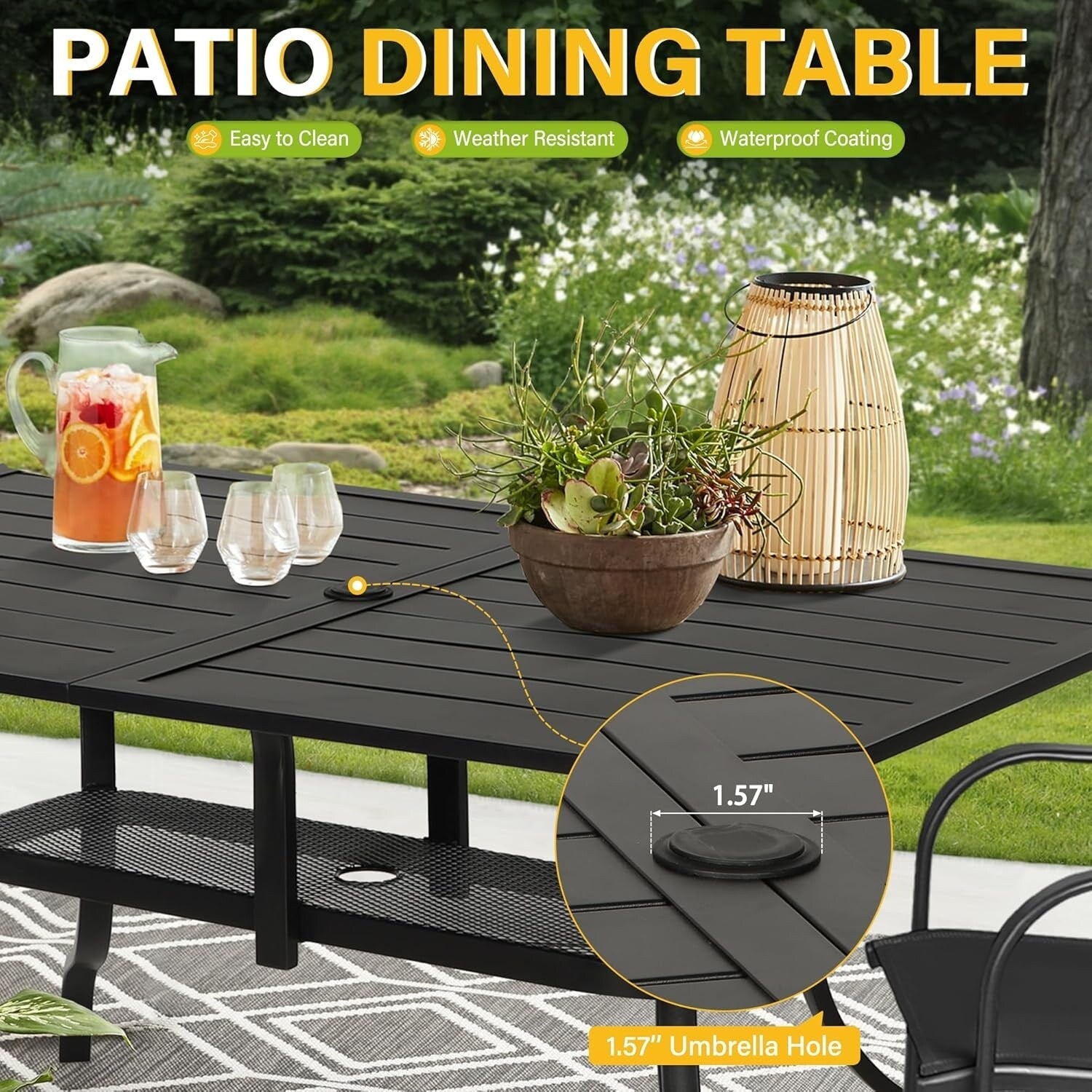 Table à manger rectangulaire en métal pour patio extérieur 60 x 37 avec trou pour parasol pour 6 personnes
