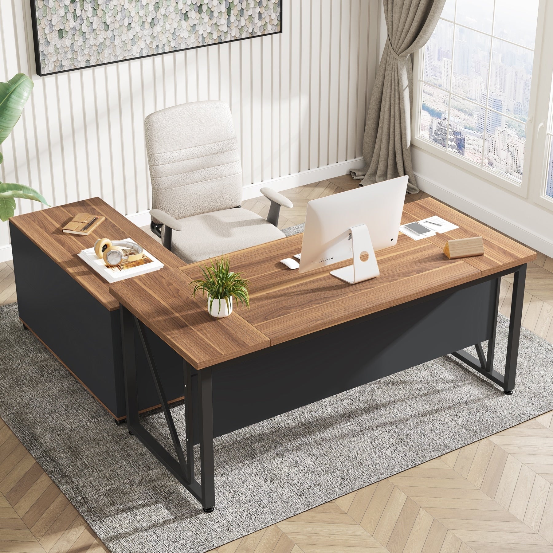 Bureau d'ordinateur en L de 63 pouces avec classeur latéral de 47 pouces, ensemble de bureau exécutif pour la maison