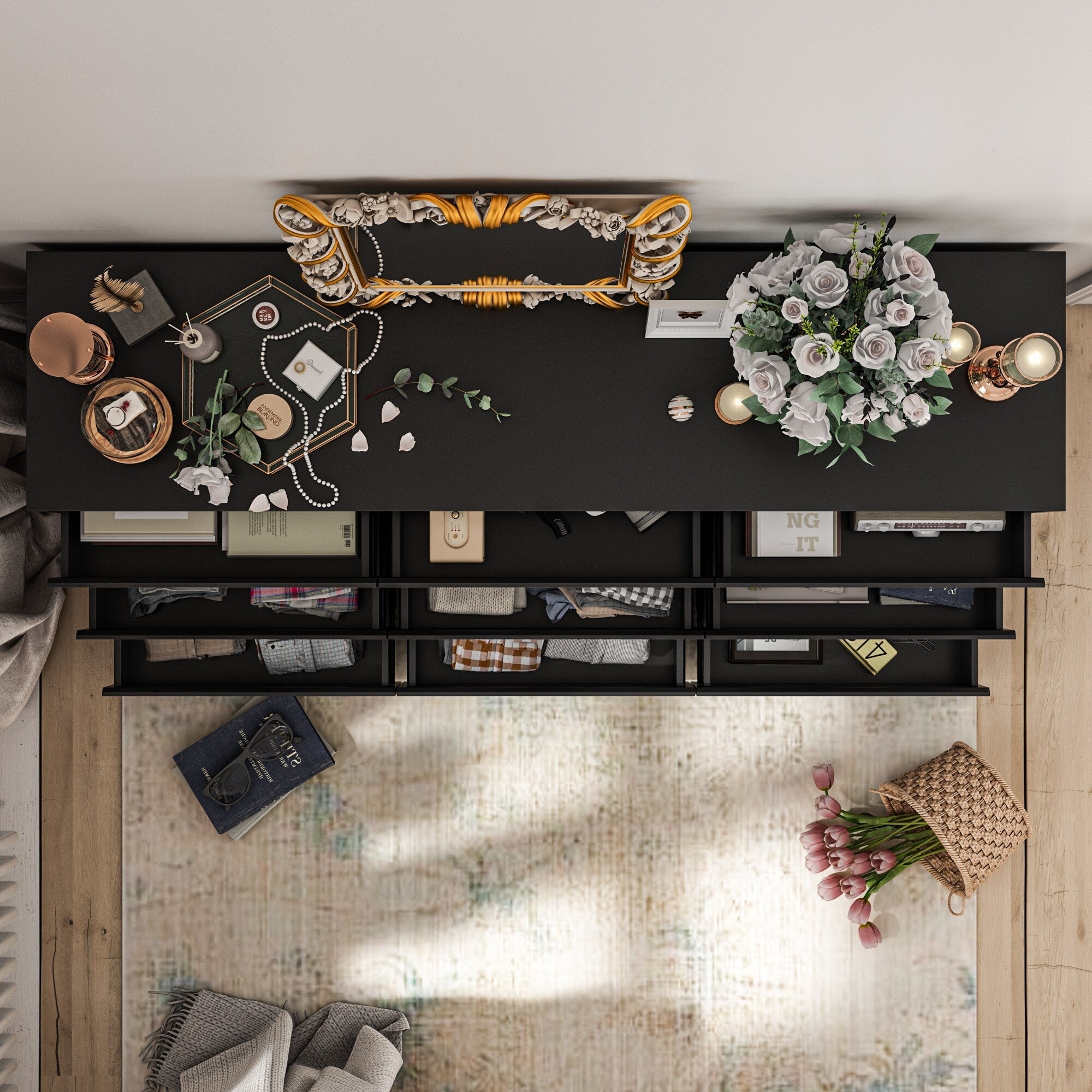 Commode d'appoint à 9 tiroirs 63W pour salon, chambre à coucher