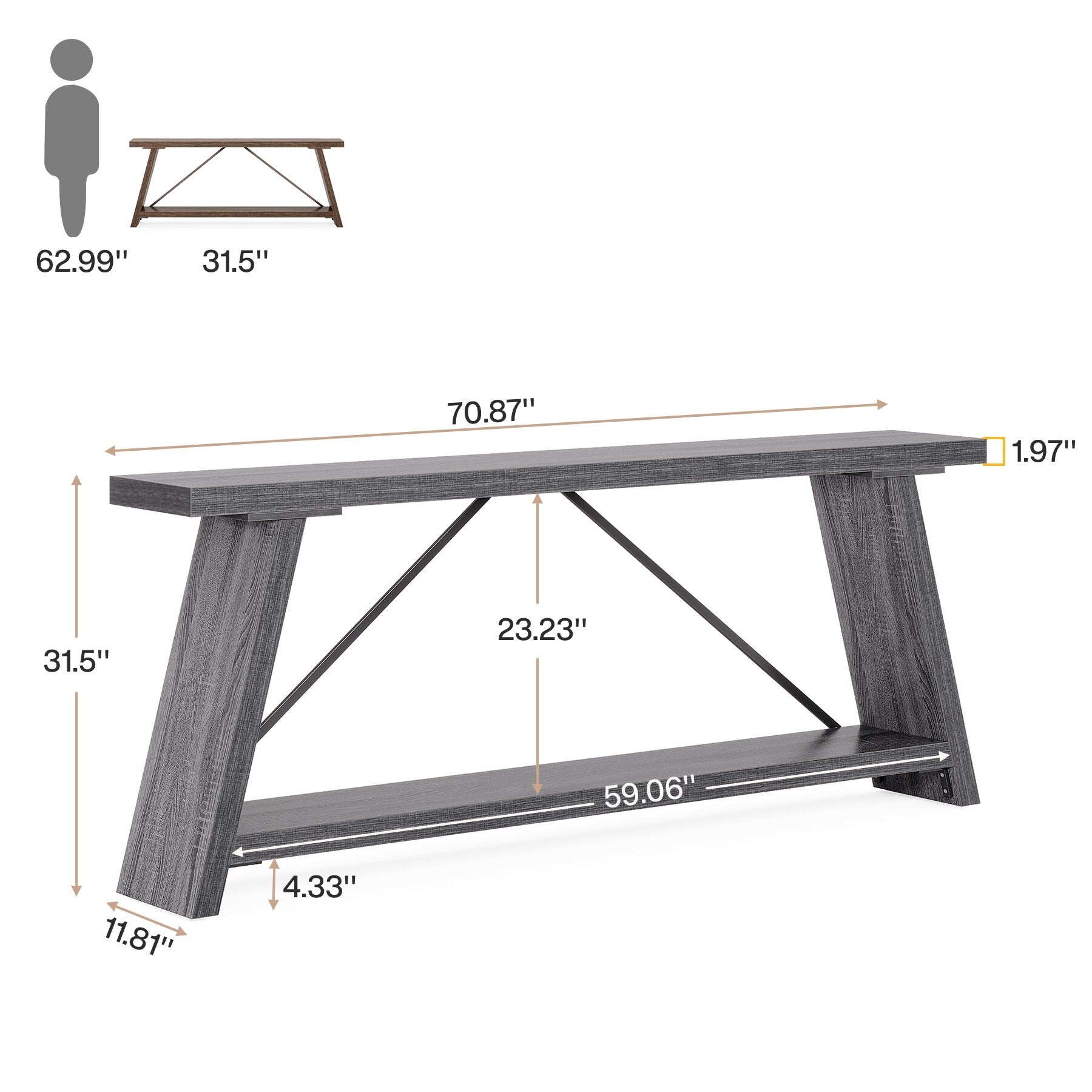 Console de canapé en bois rustique de 70,9 pouces de long avec étagère de rangement