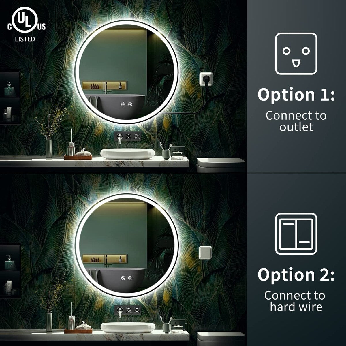 Miroir de courtoisie rond sans cadre, antibuée, éclairé par LED et à intensité variable