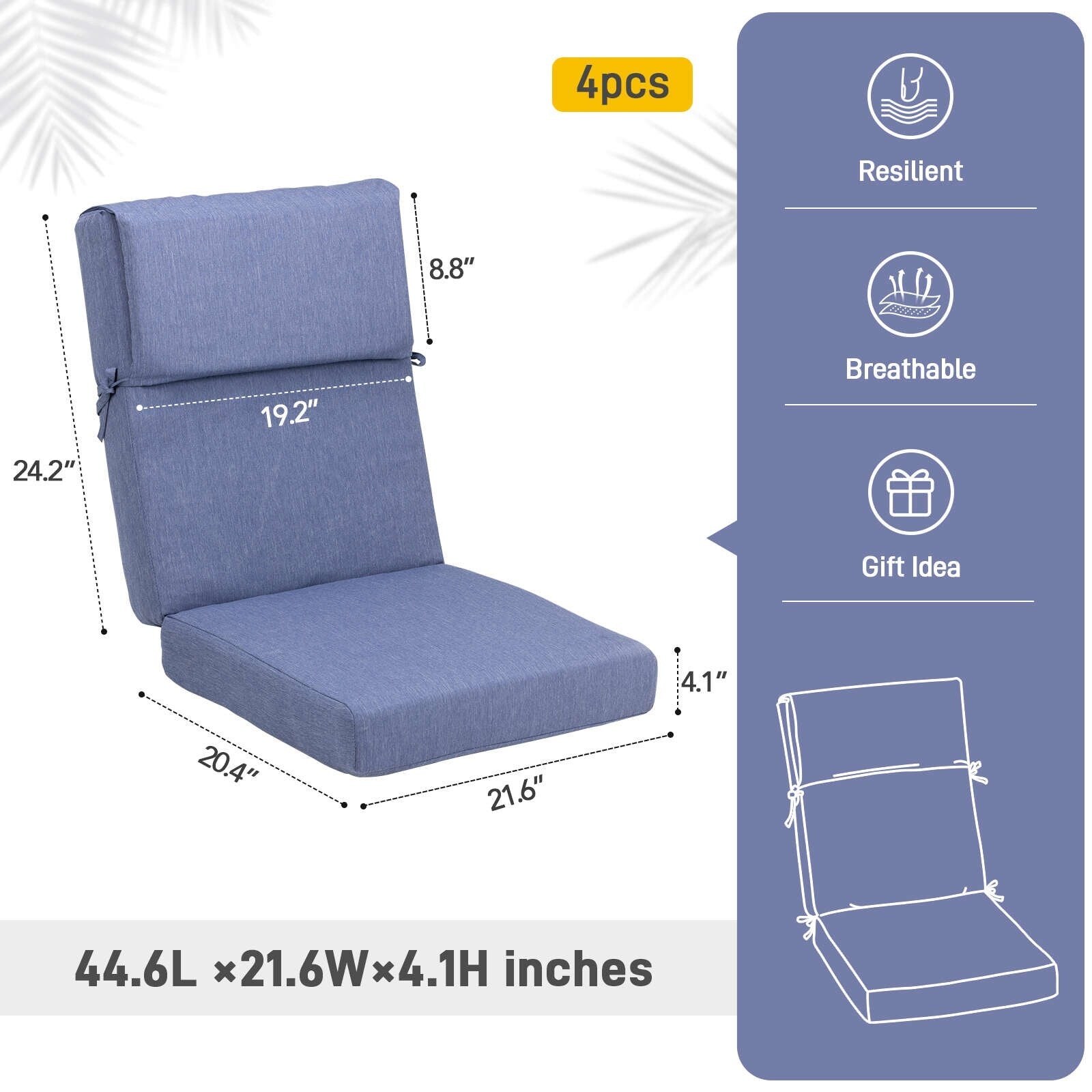 Lot de 4 coussins de chaise à dossier haut Aoodor Patio, 46 x 21 x 4 pouces (coussins uniquement)