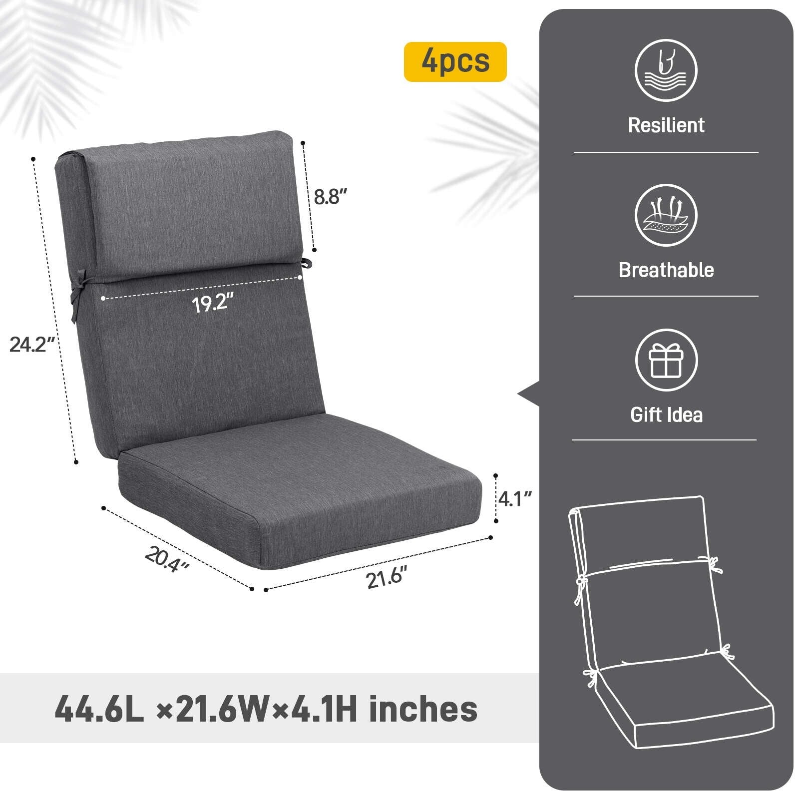 Lot de 4 coussins de chaise à dossier haut Aoodor Patio, 46 x 21 x 4 pouces (coussins uniquement)