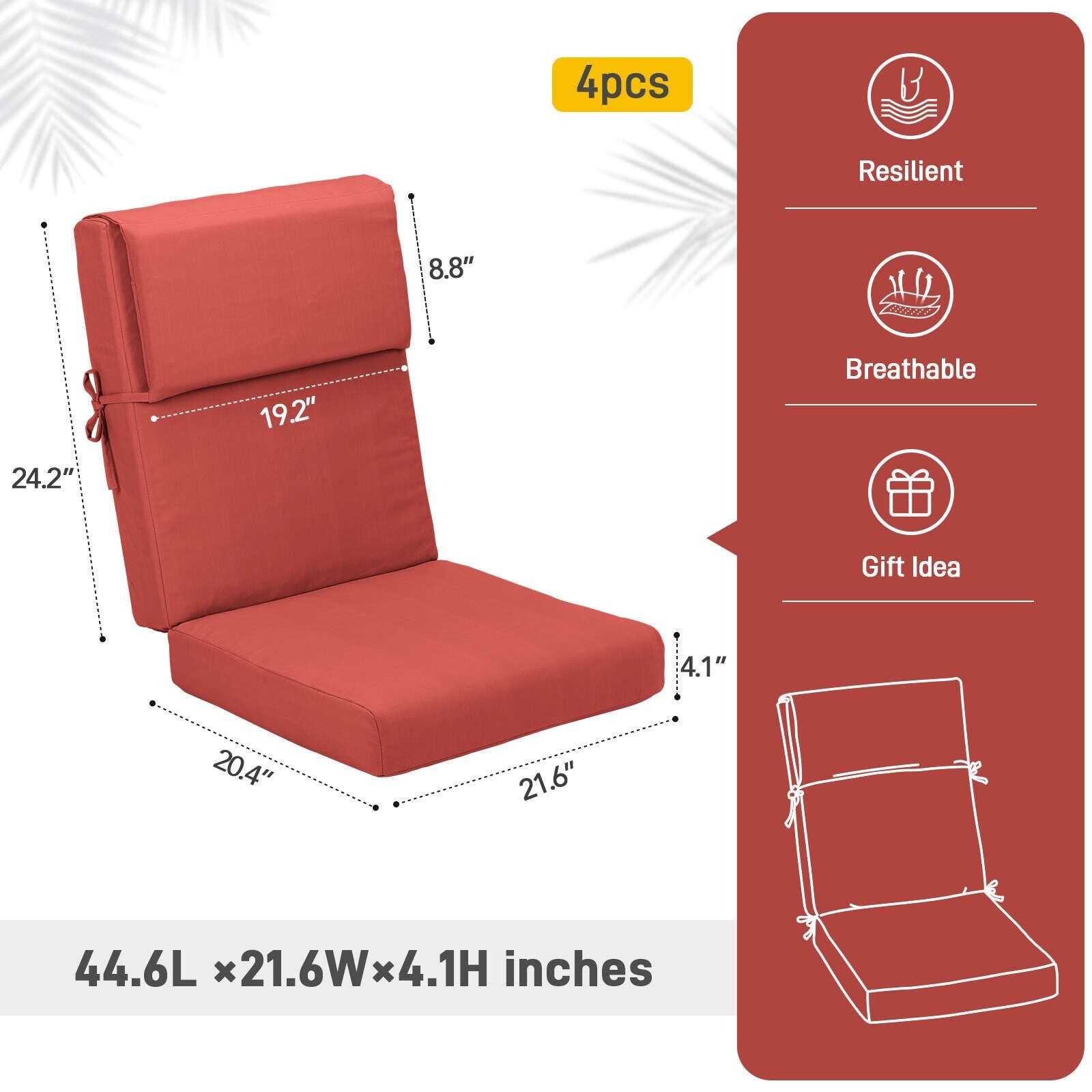 Lot de 4 coussins de chaise à dossier haut Aoodor Patio, 46 x 21 x 4 pouces (coussins uniquement)