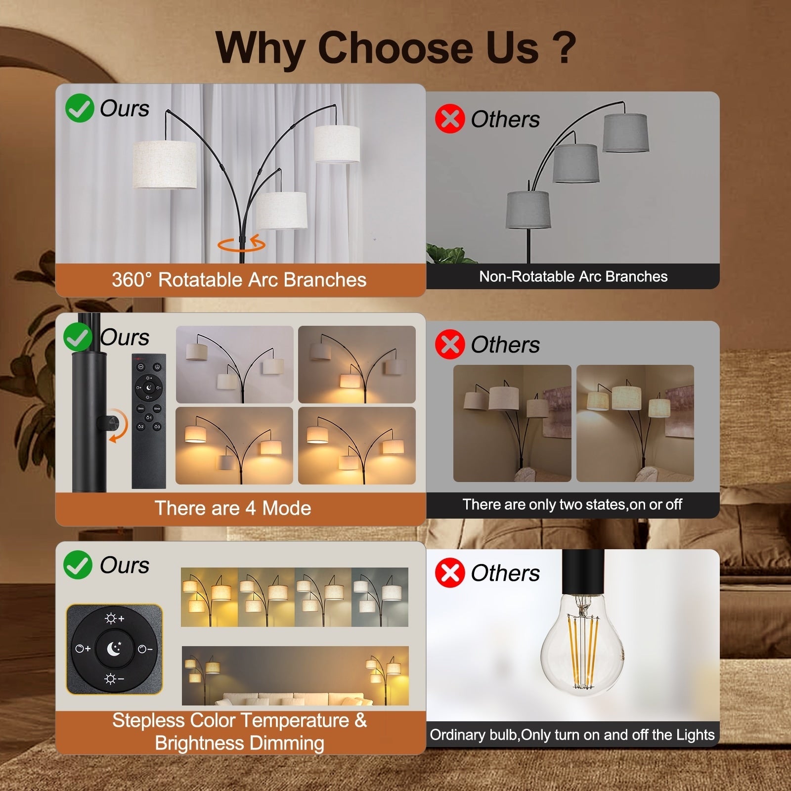 Lampadaire LED Arc à intensité variable, moderne, noir, 3 lampes, haut et arqué