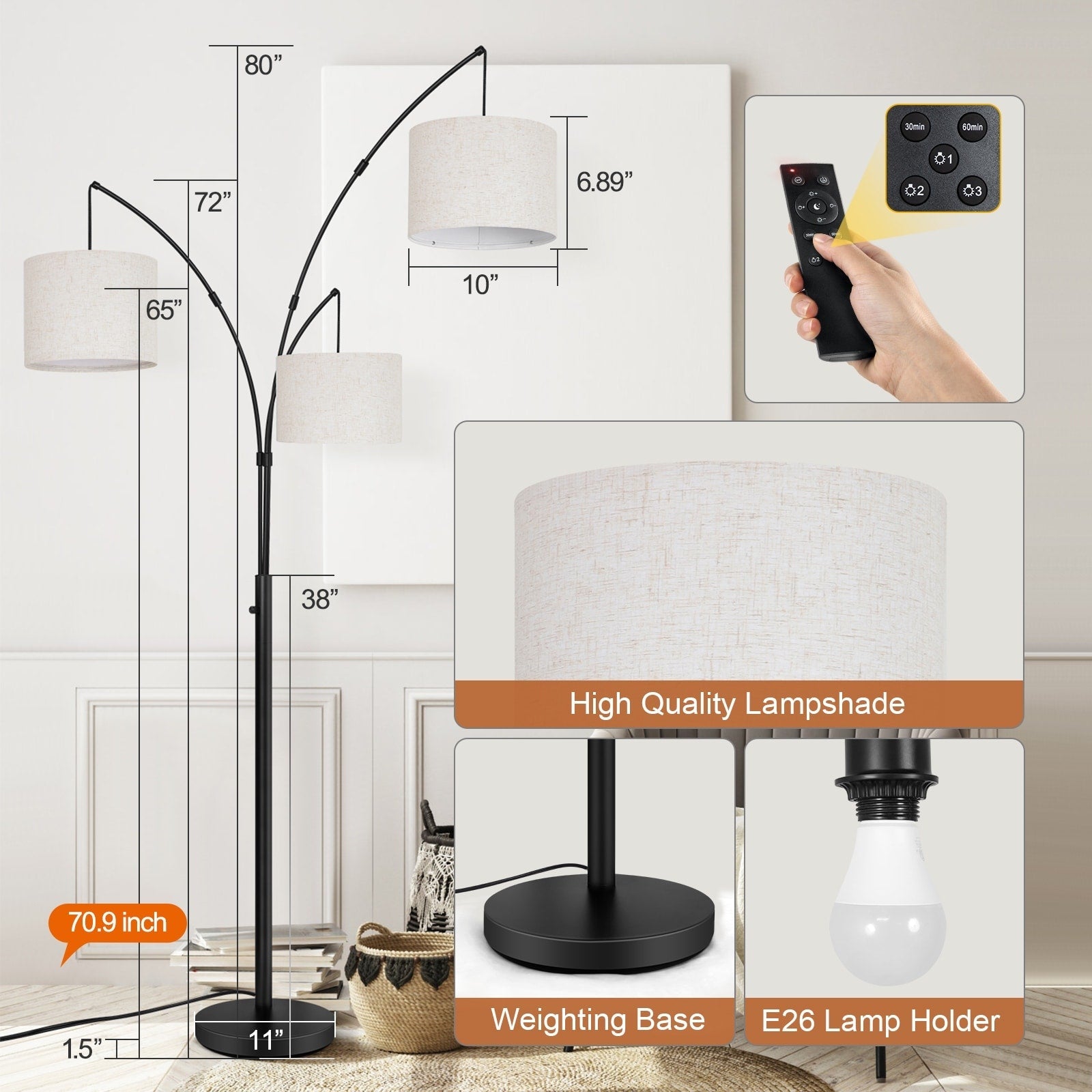 Lampadaire LED Arc à intensité variable, moderne, noir, 3 lampes, haut et arqué