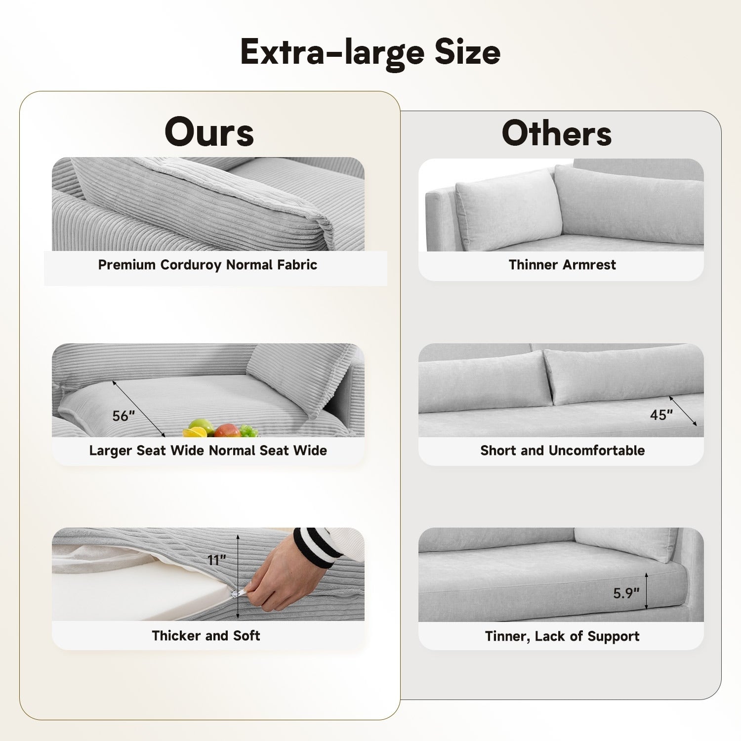 Canapé sectionnel en velours côtelé avec poufs amovibles et coussins ultra-doux pour salon et chambre