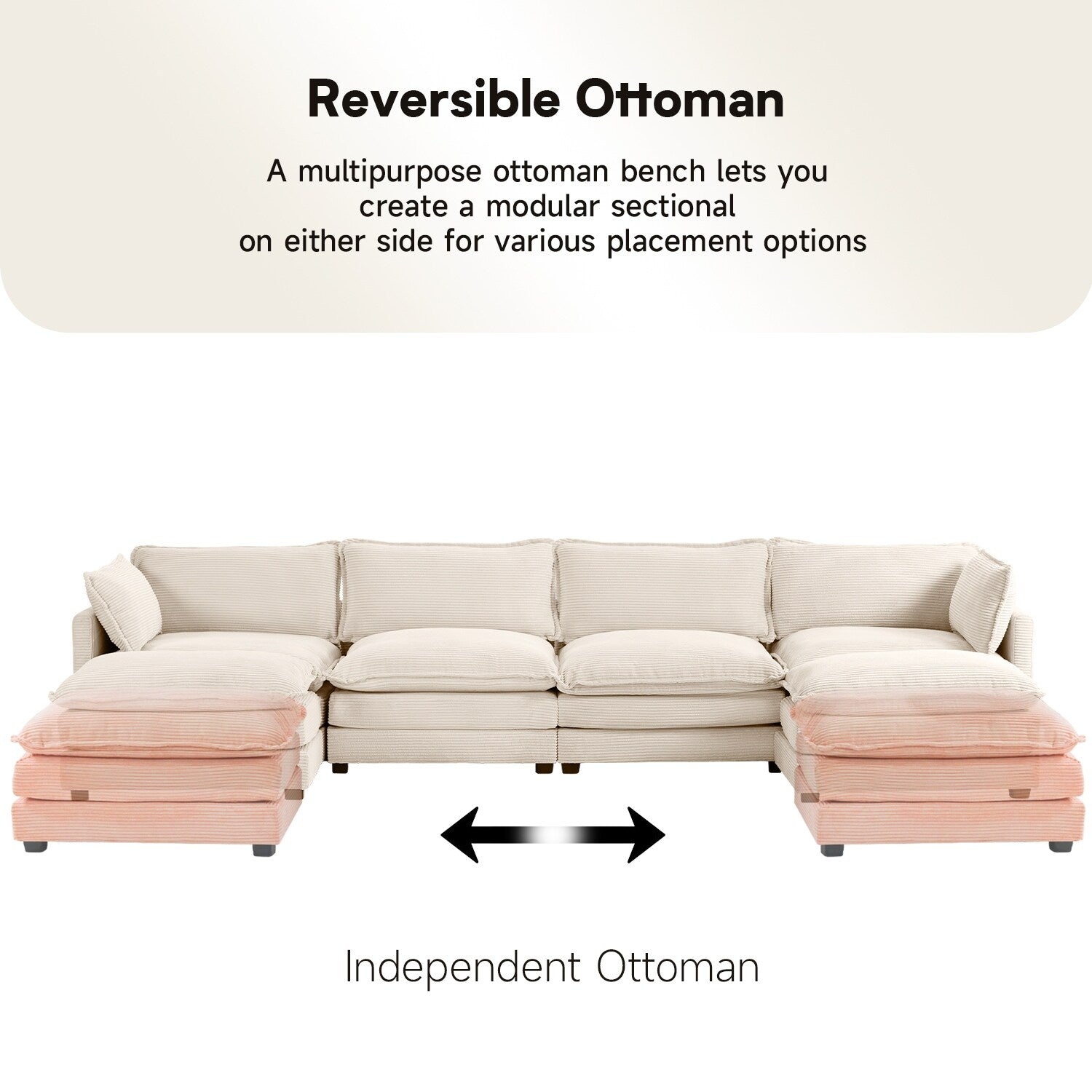 Canapé sectionnel en velours côtelé avec poufs amovibles et coussins ultra-doux pour salon et chambre