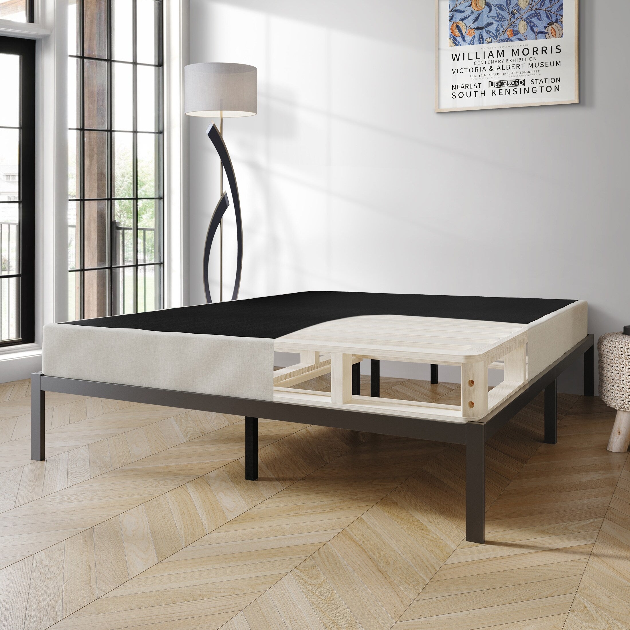 Sommier à ressorts en bois massif CraftPorch de 5 pouces avec lattes en bois et revêtement en lin gris chaud