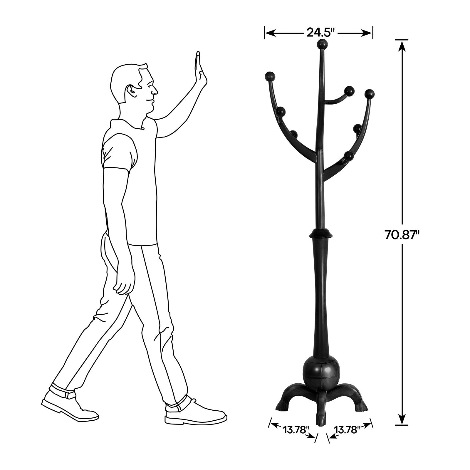 Porte-manteau autoportant en bois d'hévéa avec 8 crochets - 24,5 L x 70,87 H