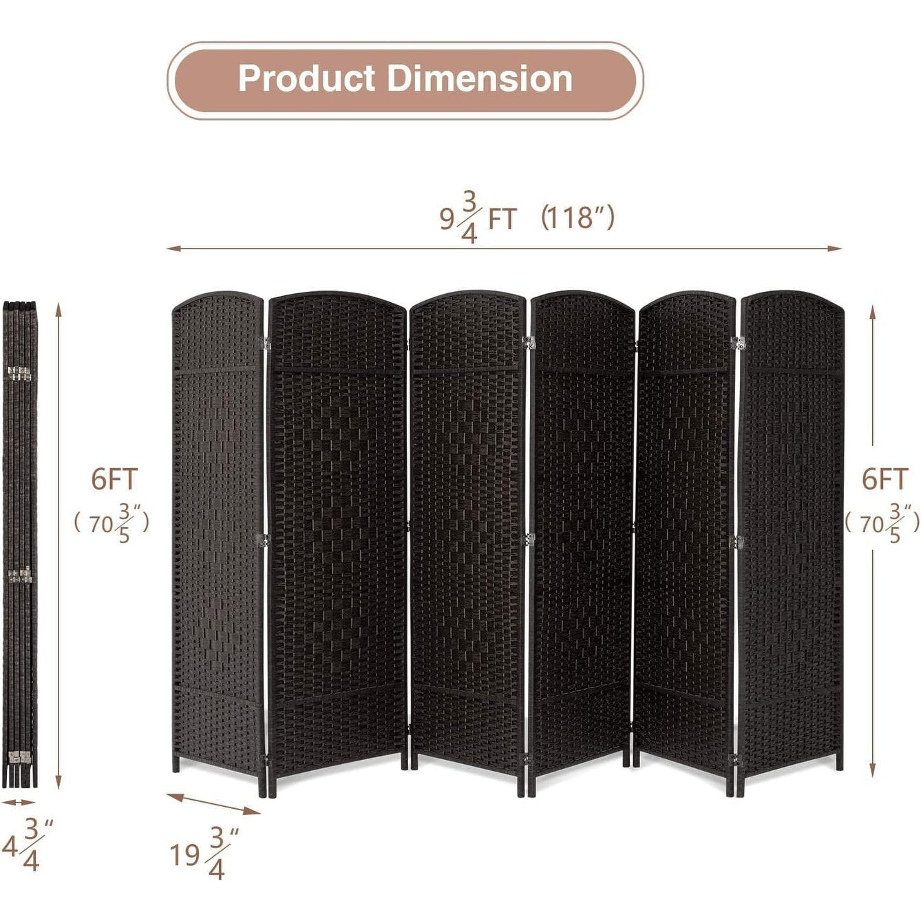Paravent de séparation de pièce de 6 pieds de haut en fibre tissée, écran de confidentialité autoportant, écran pliant