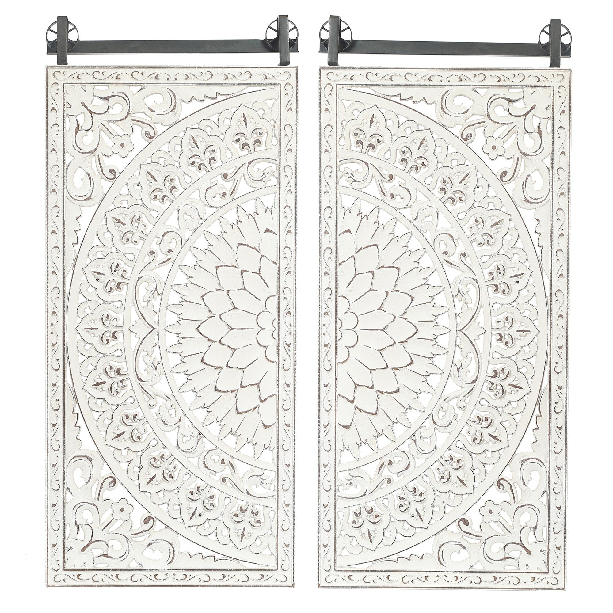 Décoration murale en bois blanc ivoire vieilli avec des accents noirs (lot de 2)