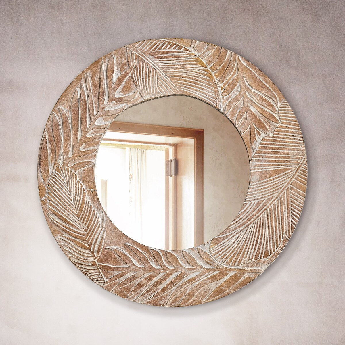 Miroir mural rond en bois sculpté de style ferme - 28 x 28