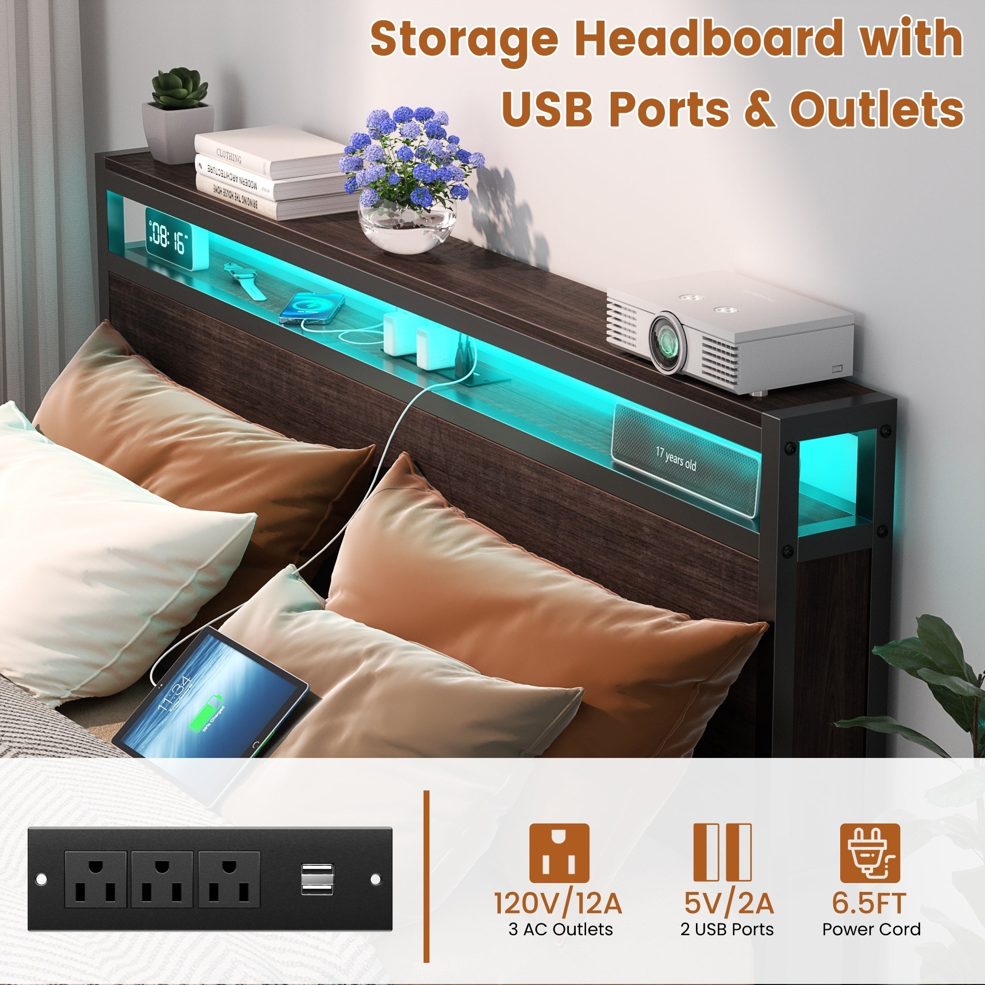 Cadre de lit plateforme en bois de style ferme avec station de charge et lumières LED