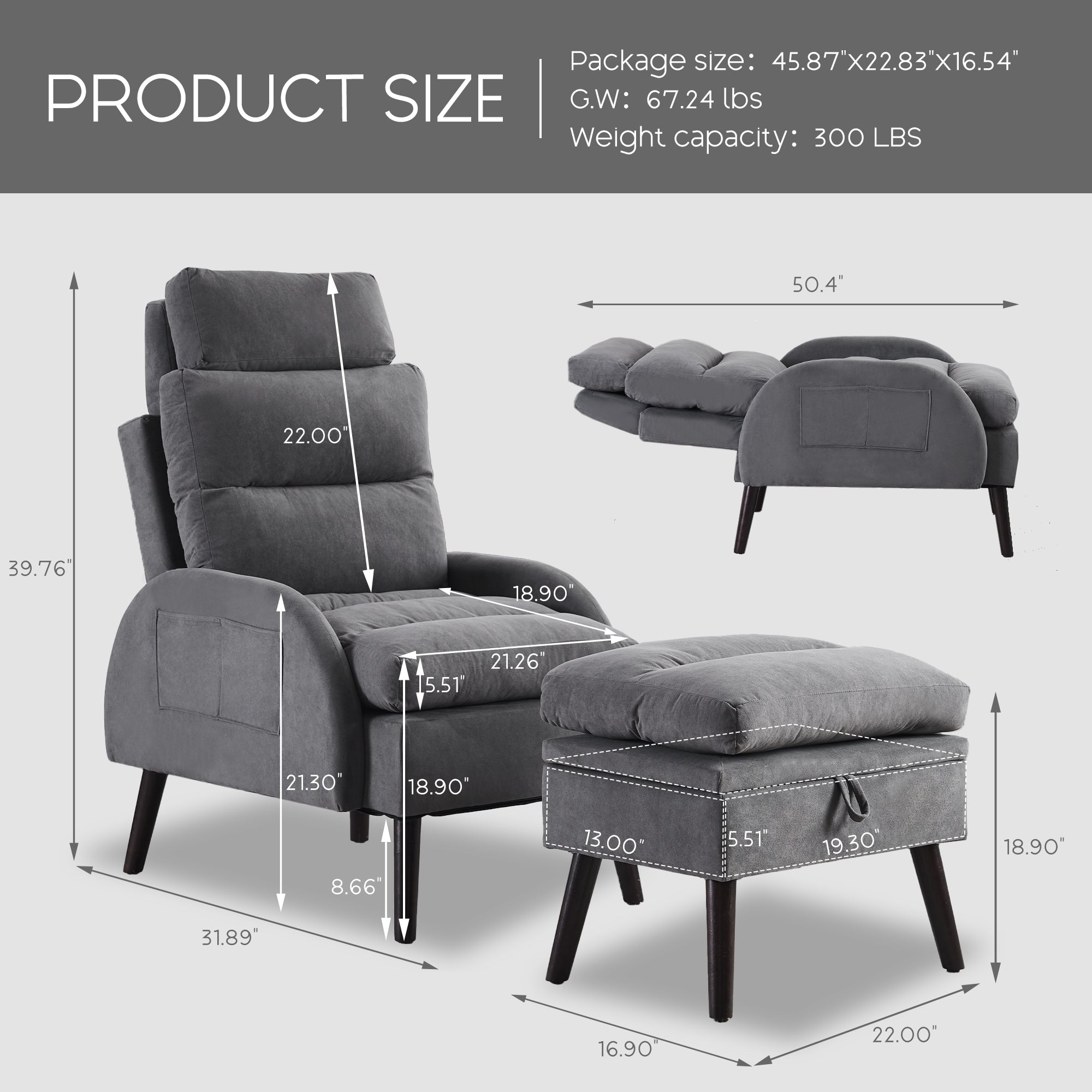 Fauteuil d'appoint HOMYKA avec dossier réglable et pouf de rangement