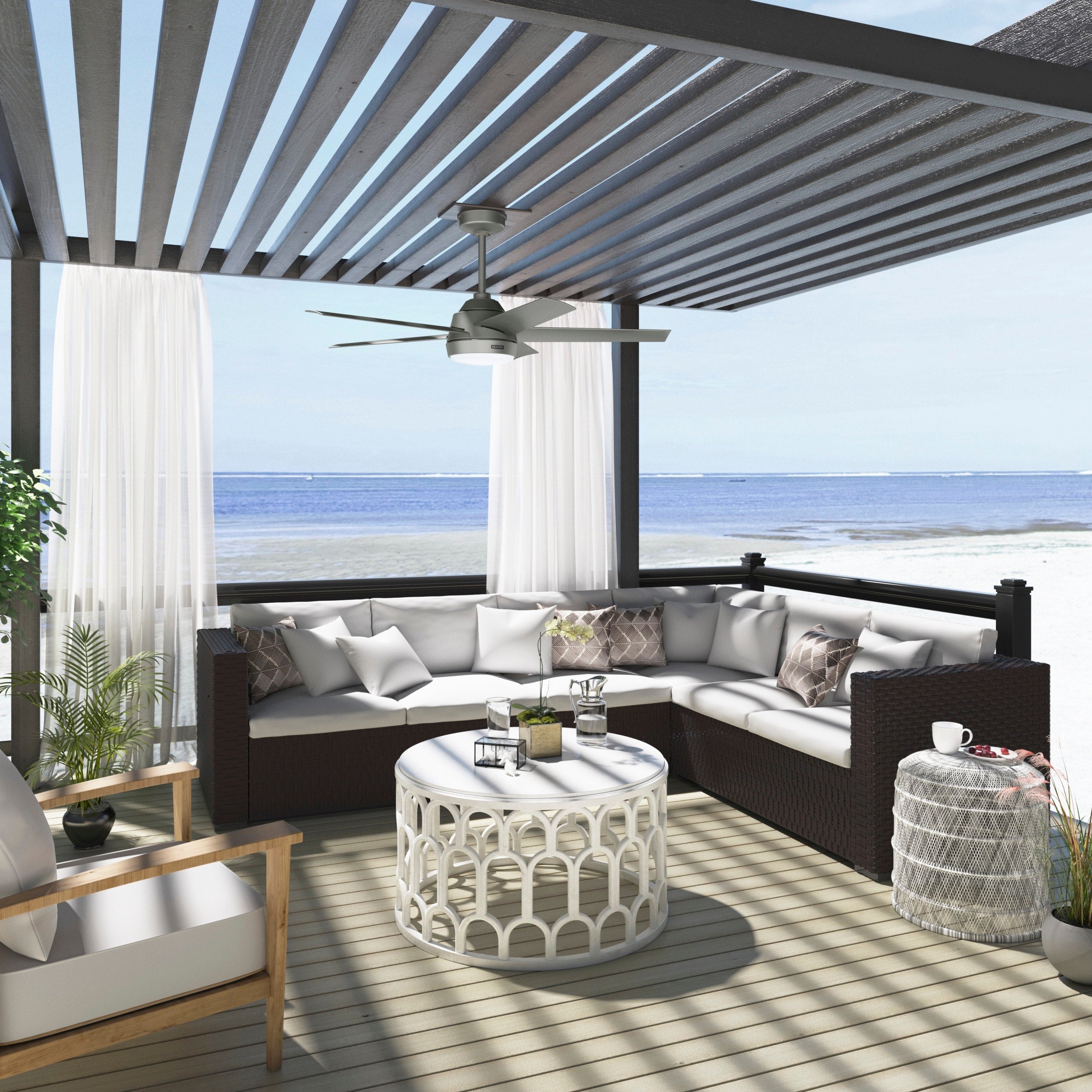 Ventilateur de plafond extérieur Hunter 52 Skyflow avec kit d'éclairage LED, commande murale - Côtier moderne contemporain - WeatherMax - CLASSÉ HUMIDE !