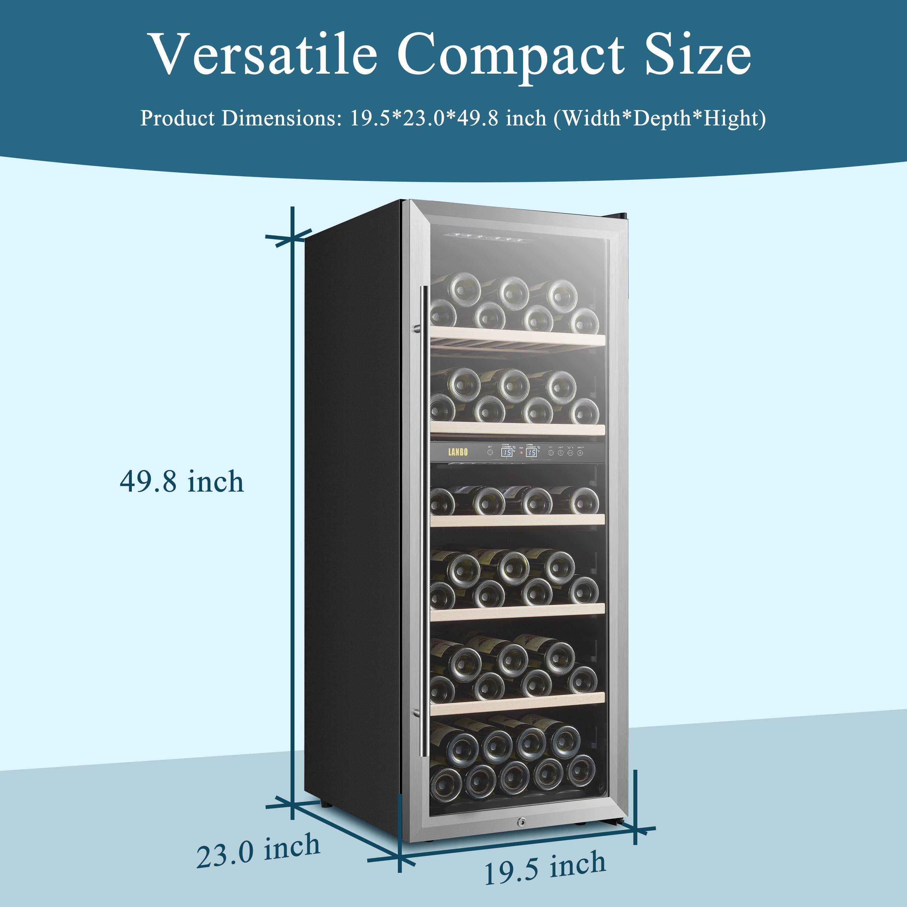 Réfrigérateur à vin autonome Lanbo 20 pouces, 64 bouteilles, double zone, porte vitrée avec garniture en acier inoxydable et deux serrures de sécurité.