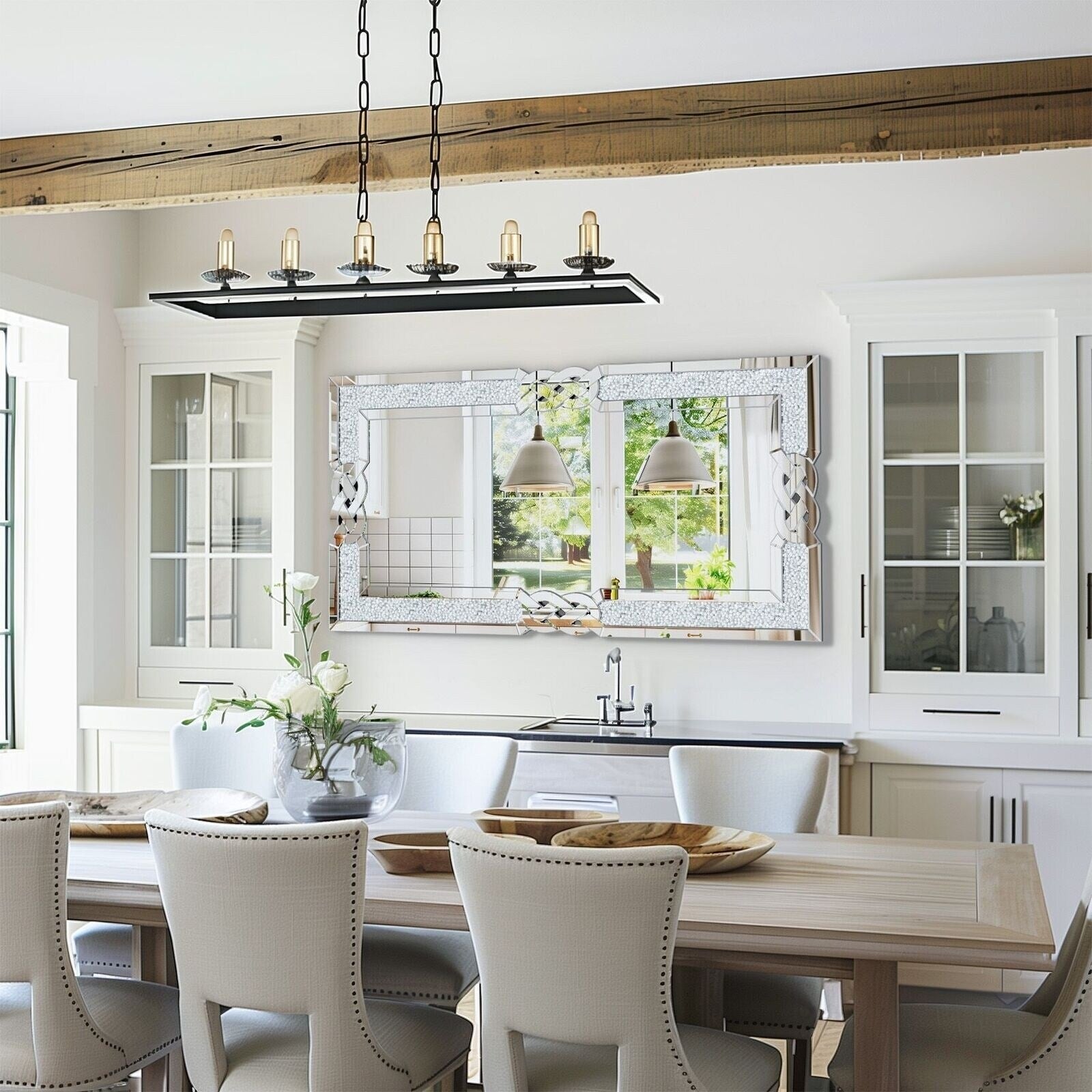 Grand miroir mural à emboîtement avec perles de cristal rectangulaires