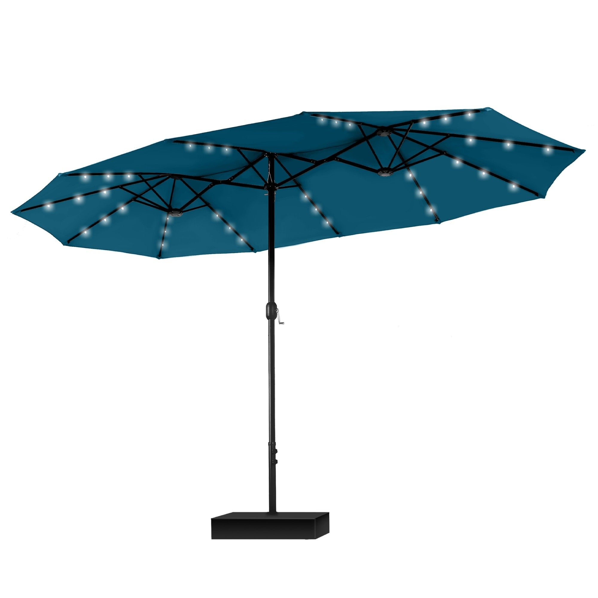 MAISON ARTS Parasol de marché extérieur rectangulaire à manivelle double face de 15 pieds Parasol de patio éclairé par LED solaire avec base incluse