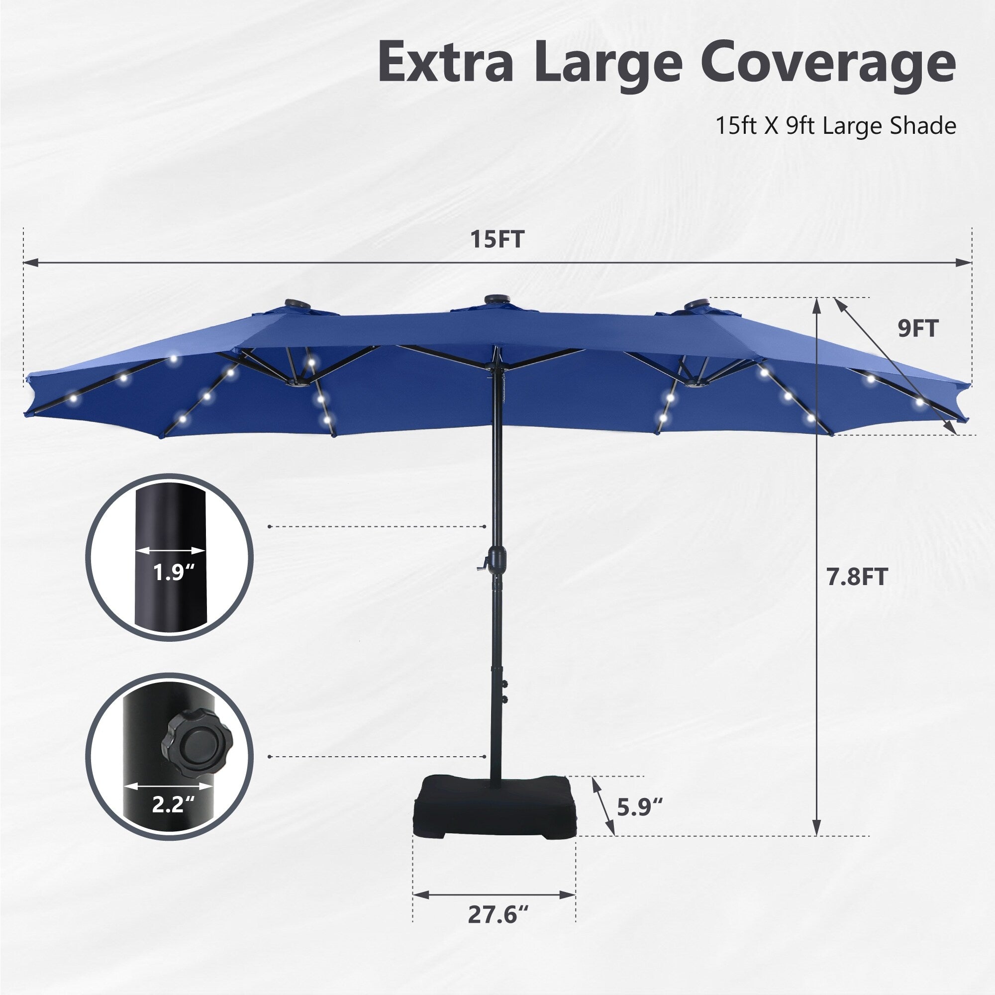 MAISON ARTS Parasol de marché extérieur rectangulaire à manivelle double face de 15 pieds Parasol de patio éclairé par LED solaire avec base incluse