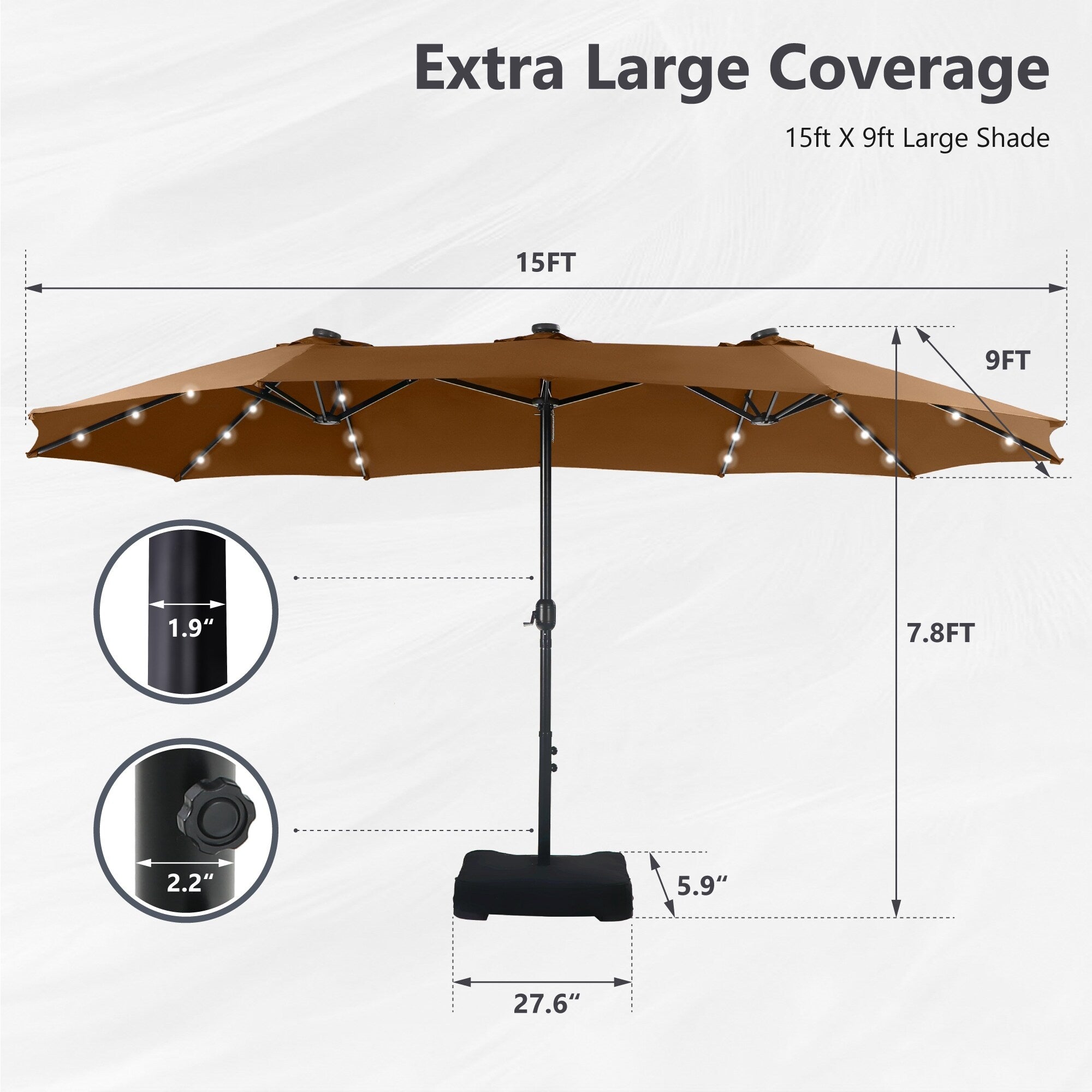 MAISON ARTS Parasol de marché extérieur rectangulaire à manivelle double face de 15 pieds Parasol de patio éclairé par LED solaire avec base incluse