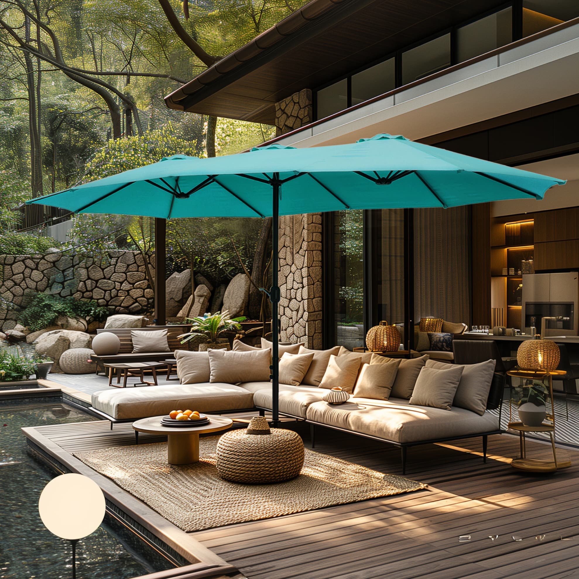 Parasol double extra large de 15 pieds pour patio double face de MAISON ARTS avec base incluse