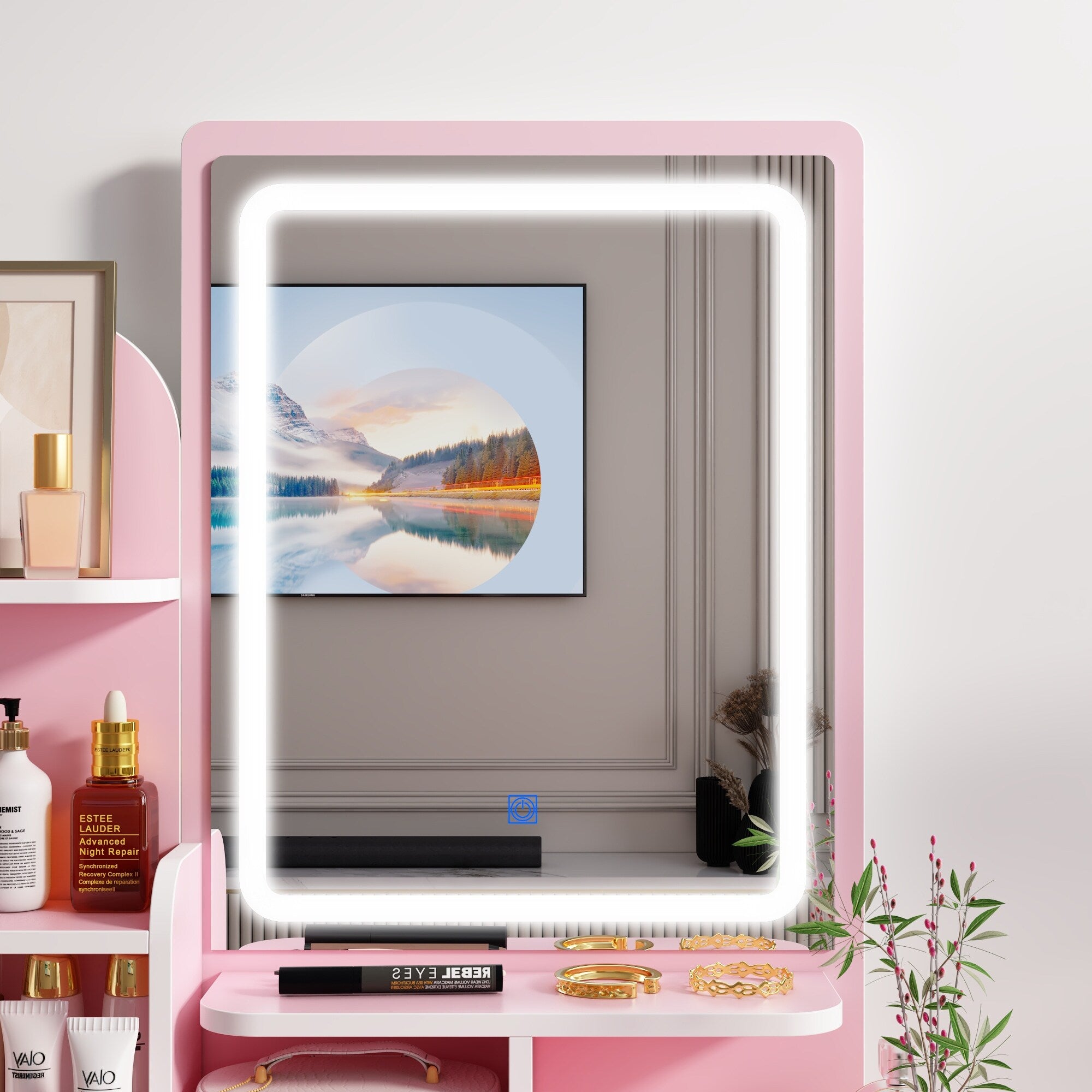 Coiffeuse avec éclairage LED, miroir et tabouret