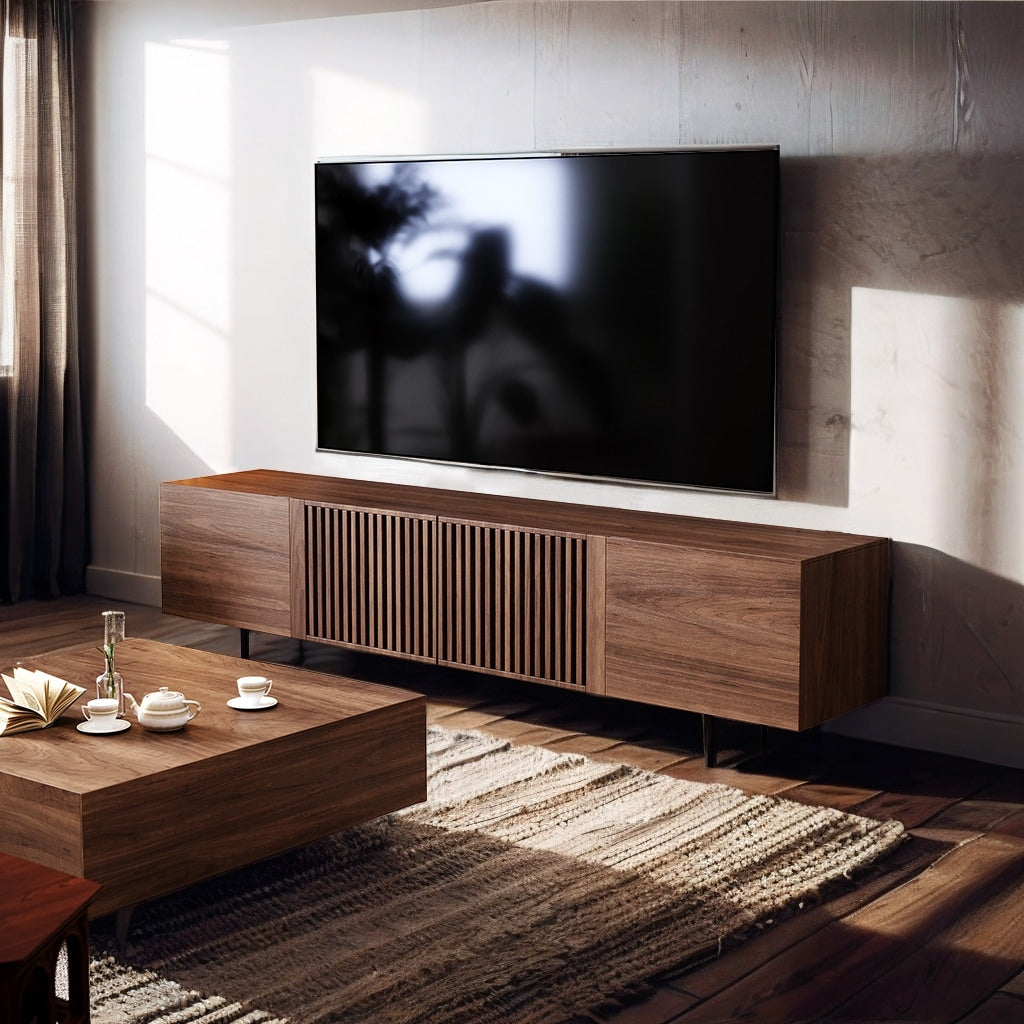 Meuble TV moderne du milieu du siècle avec 4 portes et rangements, compatible avec les téléviseurs jusqu'à 100 pouces, idéal pour le salon