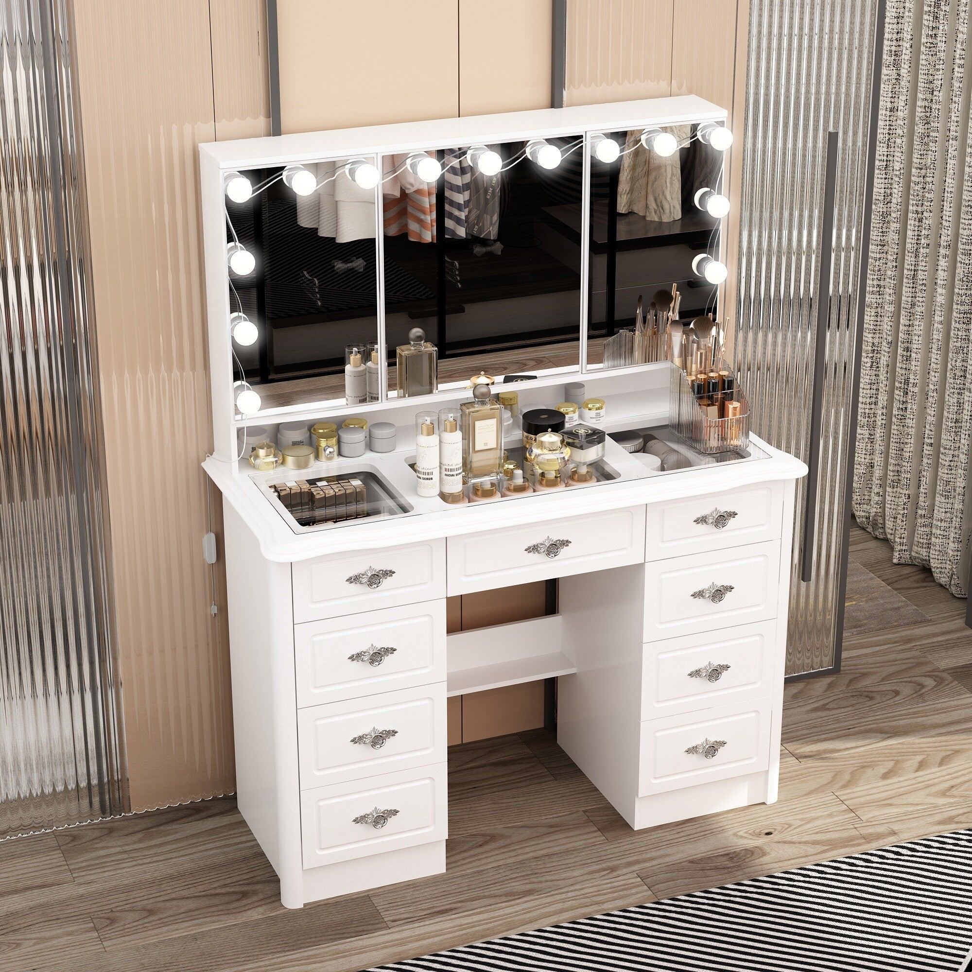 Miroir de maquillage pliable blanc moderne avec éclairage réglable - 40,2 x 54,1