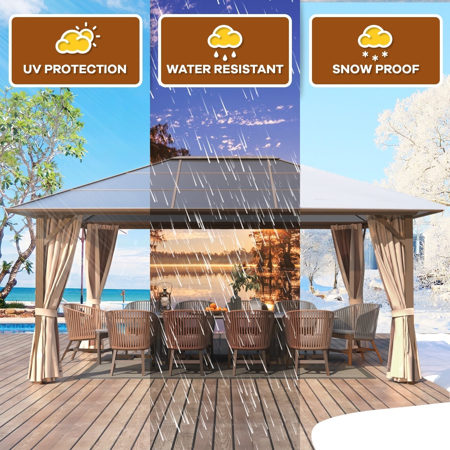 Gazebo à toit rigide EROMMY, pergola d'extérieur avec double toit, filet et rideaux, auvent robuste pour patio, arrière-cour, fête au bord de la piscine