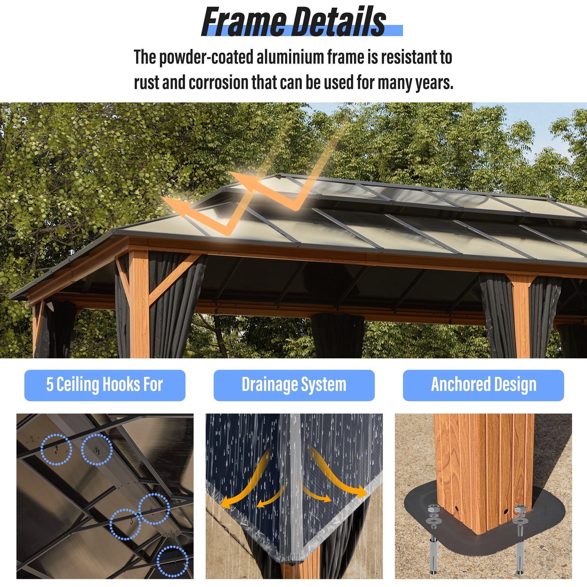 Gazebo à toit rigide EROMMY, pergola d'extérieur avec double toit, filet et rideaux, auvent robuste pour patio, arrière-cour, fête au bord de la piscine