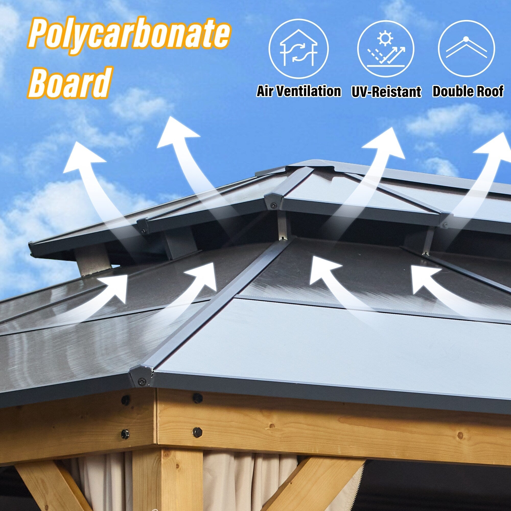 Gazebo à toit rigide EROMMY, pergola d'extérieur avec double toit, filet et rideaux, auvent robuste pour patio, arrière-cour, fête au bord de la piscine