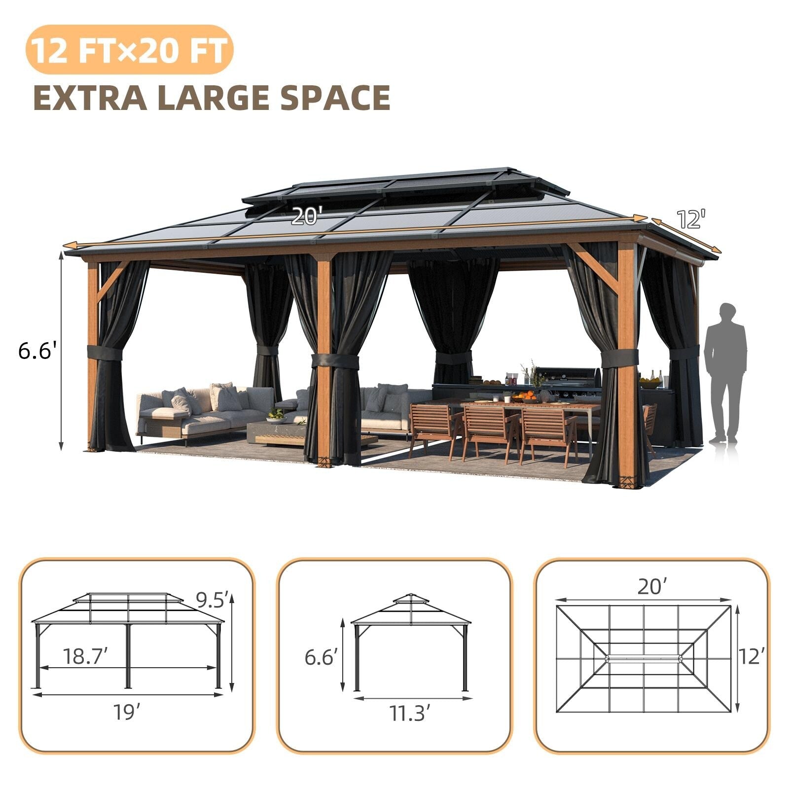 Gazebo à toit rigide EROMMY, pergola d'extérieur avec double toit, filet et rideaux, auvent robuste pour patio, arrière-cour, fête au bord de la piscine