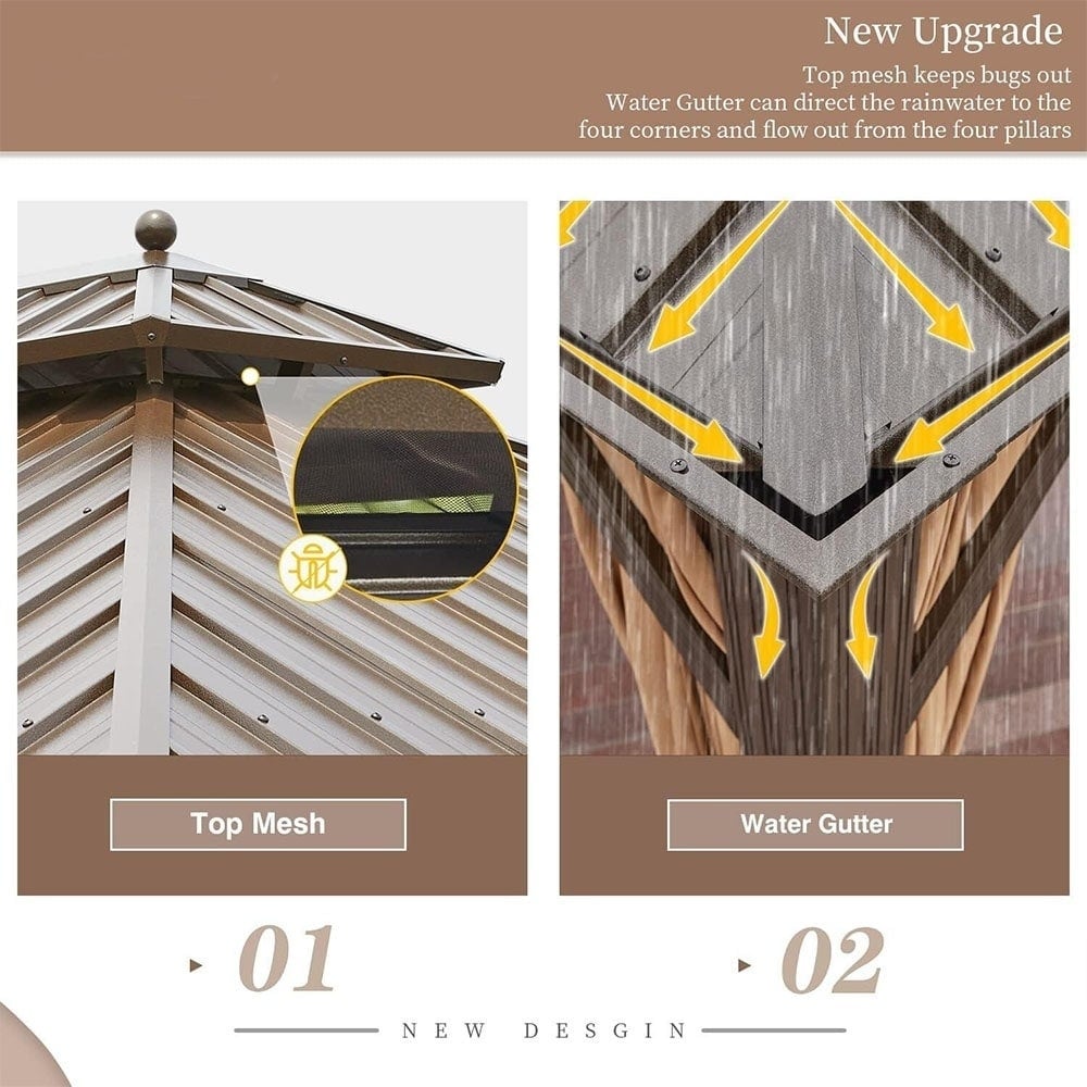 Tonnelle d'extérieur à toit rigide avec double toit en acier galvanisé et cadre en aluminium, pergola extérieure avec rideaux et filets haut de gamme