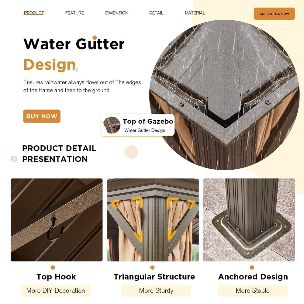 Tonnelle d'extérieur à toit rigide avec double toit en acier galvanisé et cadre en aluminium, pergola extérieure avec rideaux et filets haut de gamme