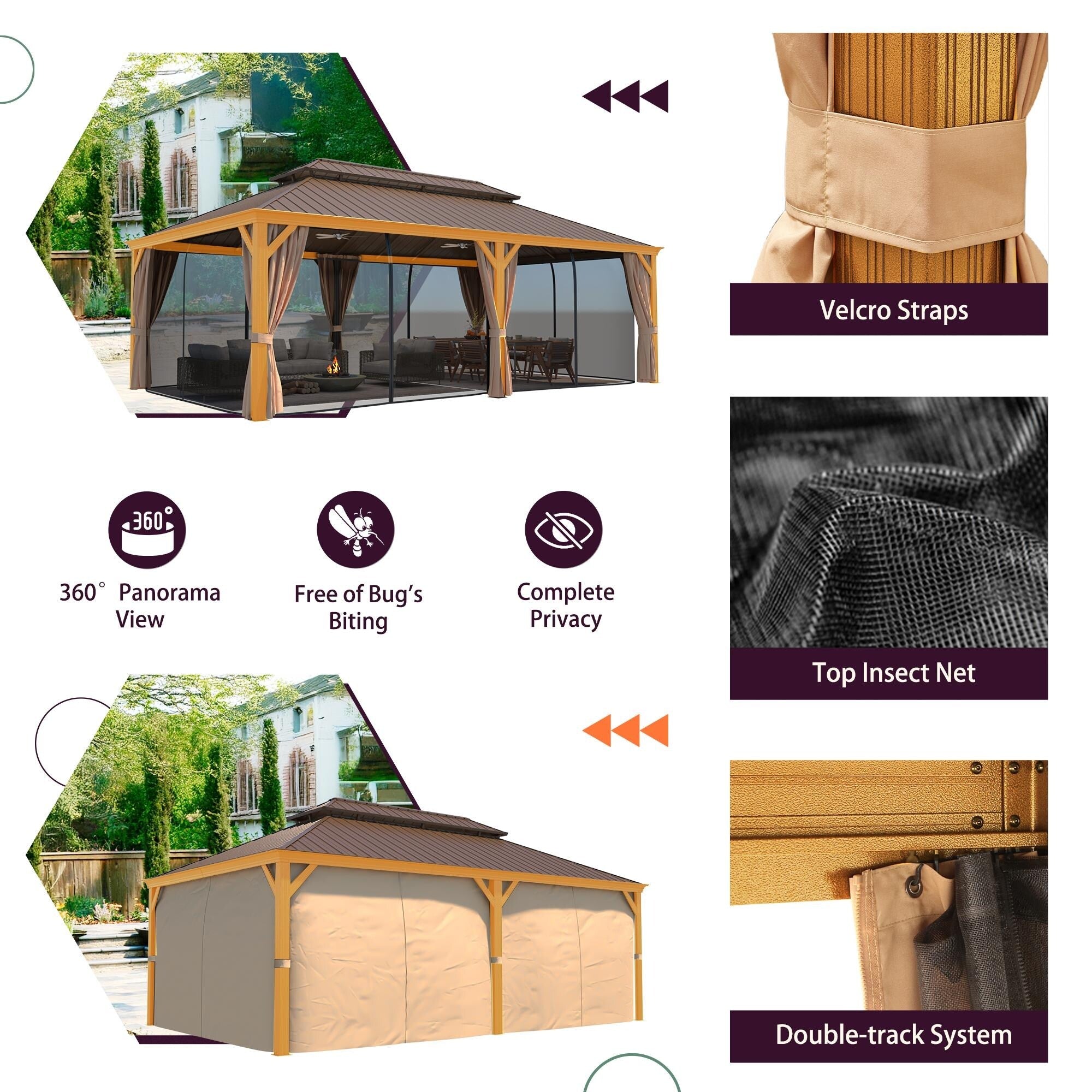 Tonnelle d'extérieur à toit rigide avec double toit en acier galvanisé et cadre en aluminium, pergola extérieure avec rideaux et filets haut de gamme