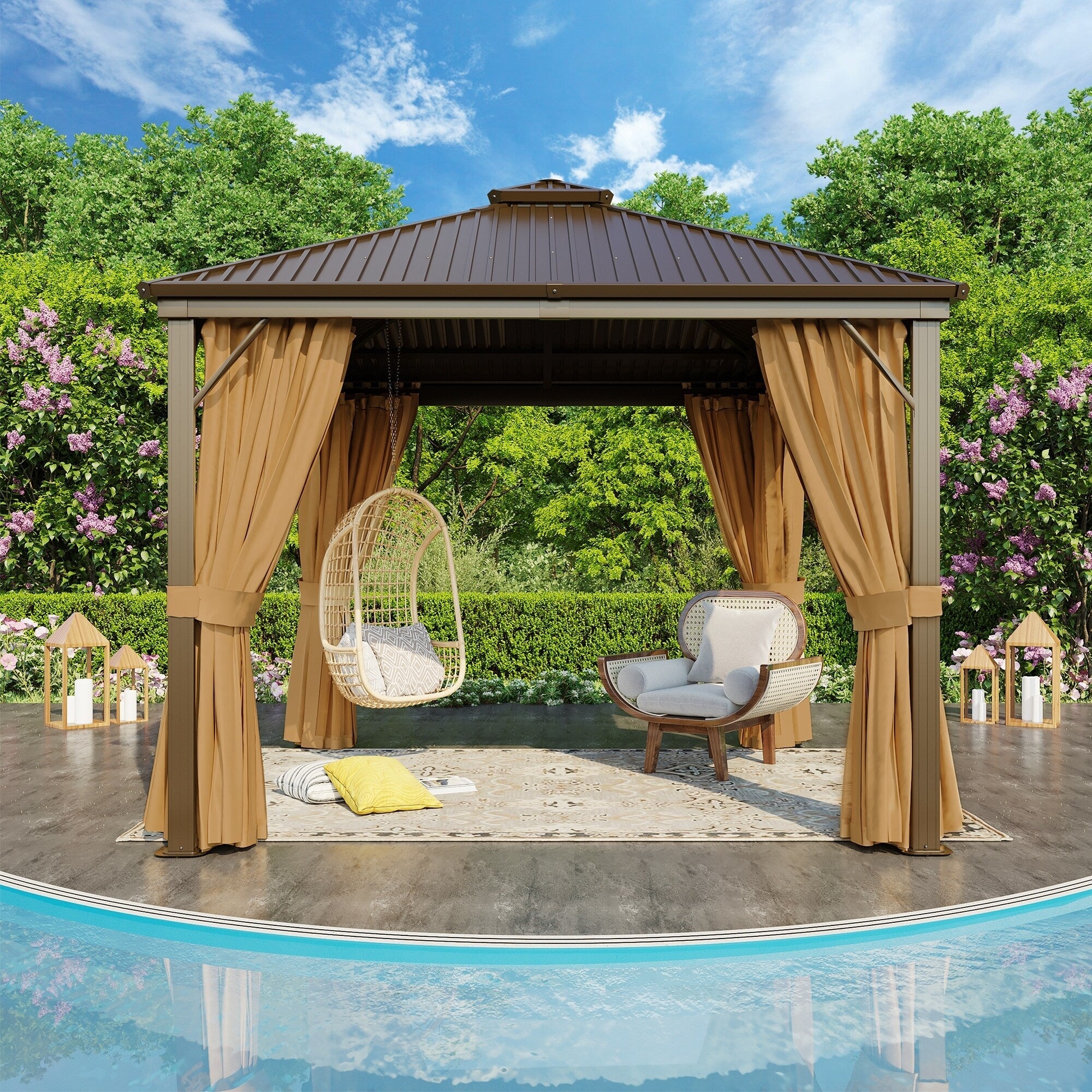 Tonnelle d'extérieur à toit rigide avec double toit en acier galvanisé et cadre en aluminium, pergola extérieure avec rideaux et filets haut de gamme