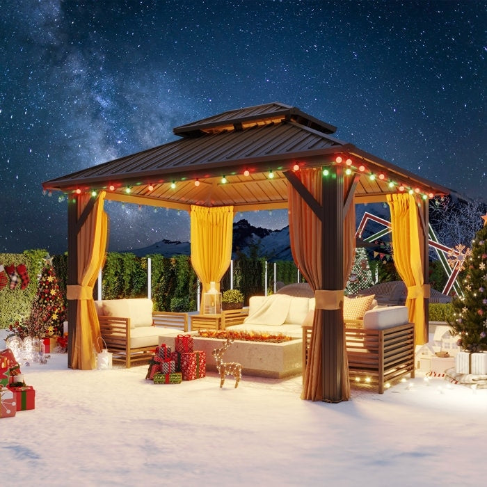 Tonnelle d'extérieur à toit rigide avec double toit en acier galvanisé et cadre en aluminium, pergola extérieure avec rideaux et filets haut de gamme