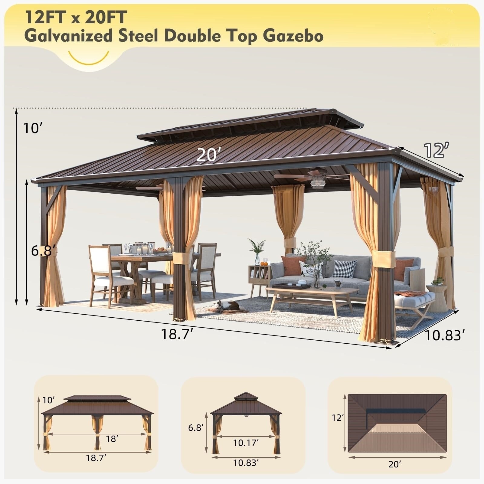 Tonnelle d'extérieur à toit rigide avec double toit en acier galvanisé et cadre en aluminium, pergola extérieure avec rideaux et filets haut de gamme