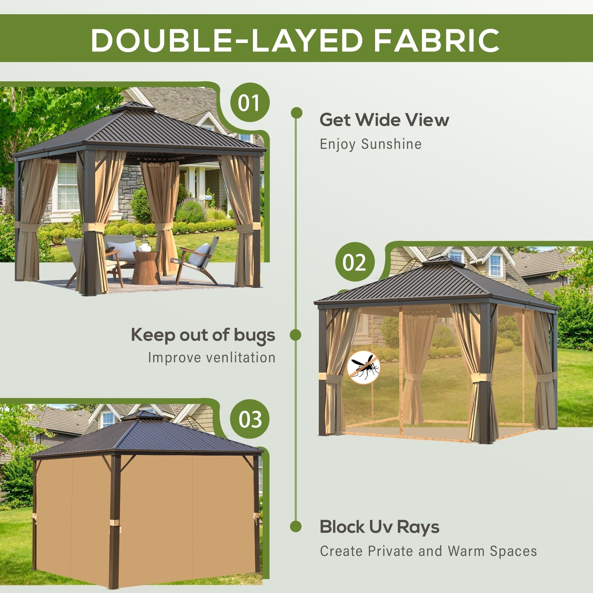 Tonnelle d'extérieur à toit rigide avec double toit en acier galvanisé et cadre en aluminium, pergola extérieure avec rideaux et filets haut de gamme